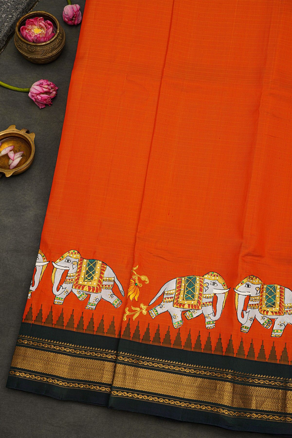 Gadwal Silk Orange Saree With Tanjore Hand Painted Border