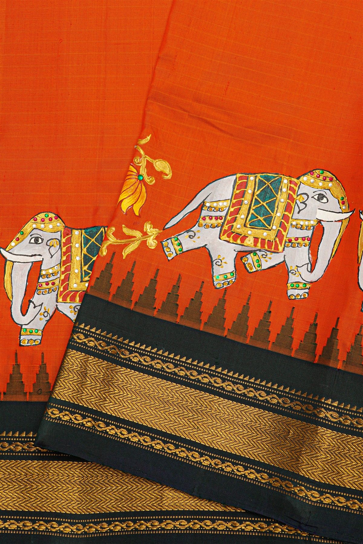 Gadwal Silk Orange Saree With Tanjore Hand Painted Border