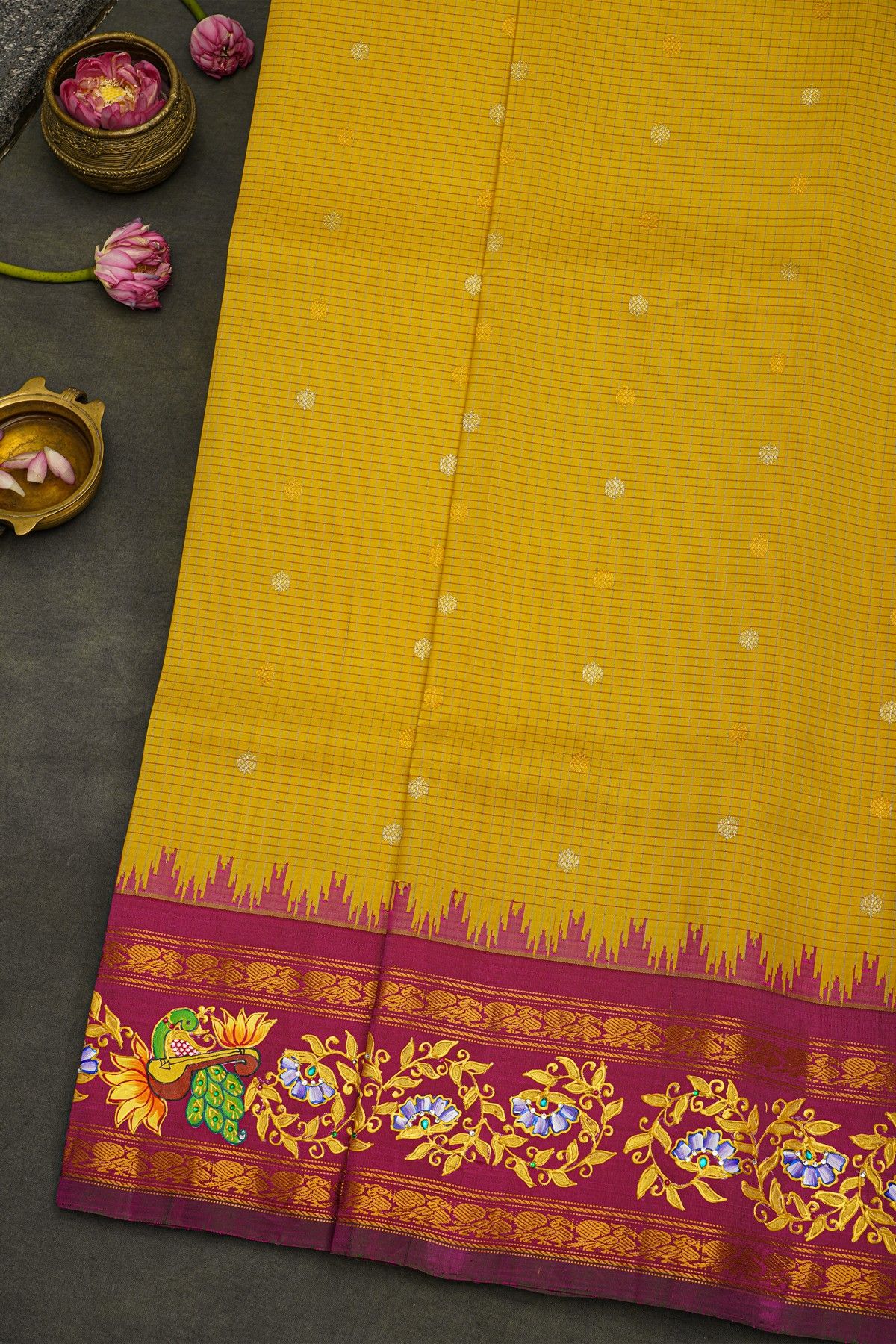 Gadwal Silk Yellow Saree With Tanjore Hand Painted Border