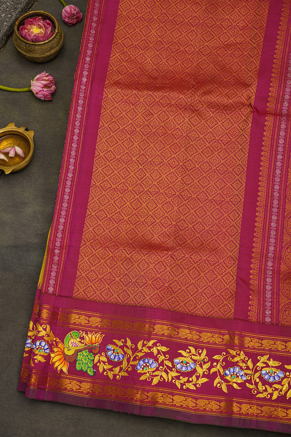 Gadwal Silk Yellow Saree With Tanjore Hand Painted Border