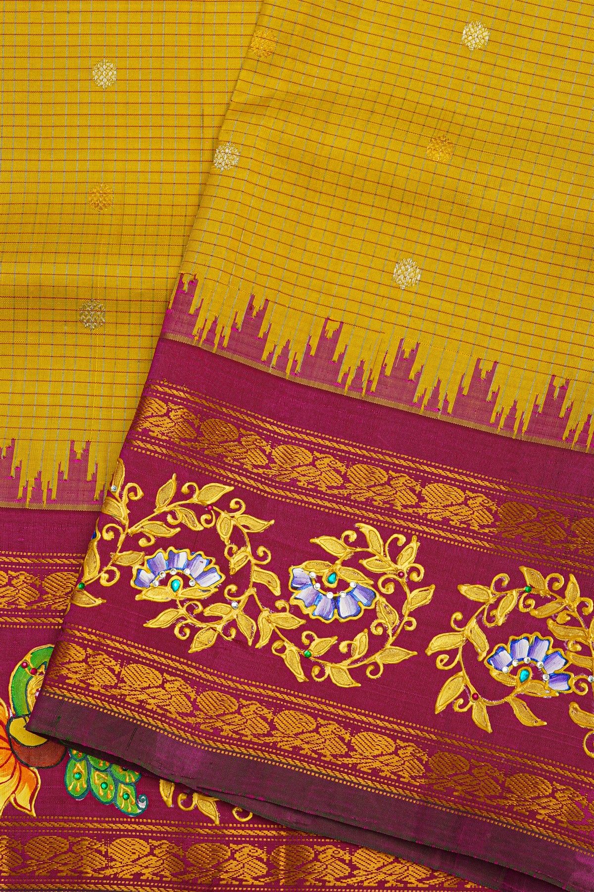 Gadwal Silk Yellow Saree With Tanjore Hand Painted Border