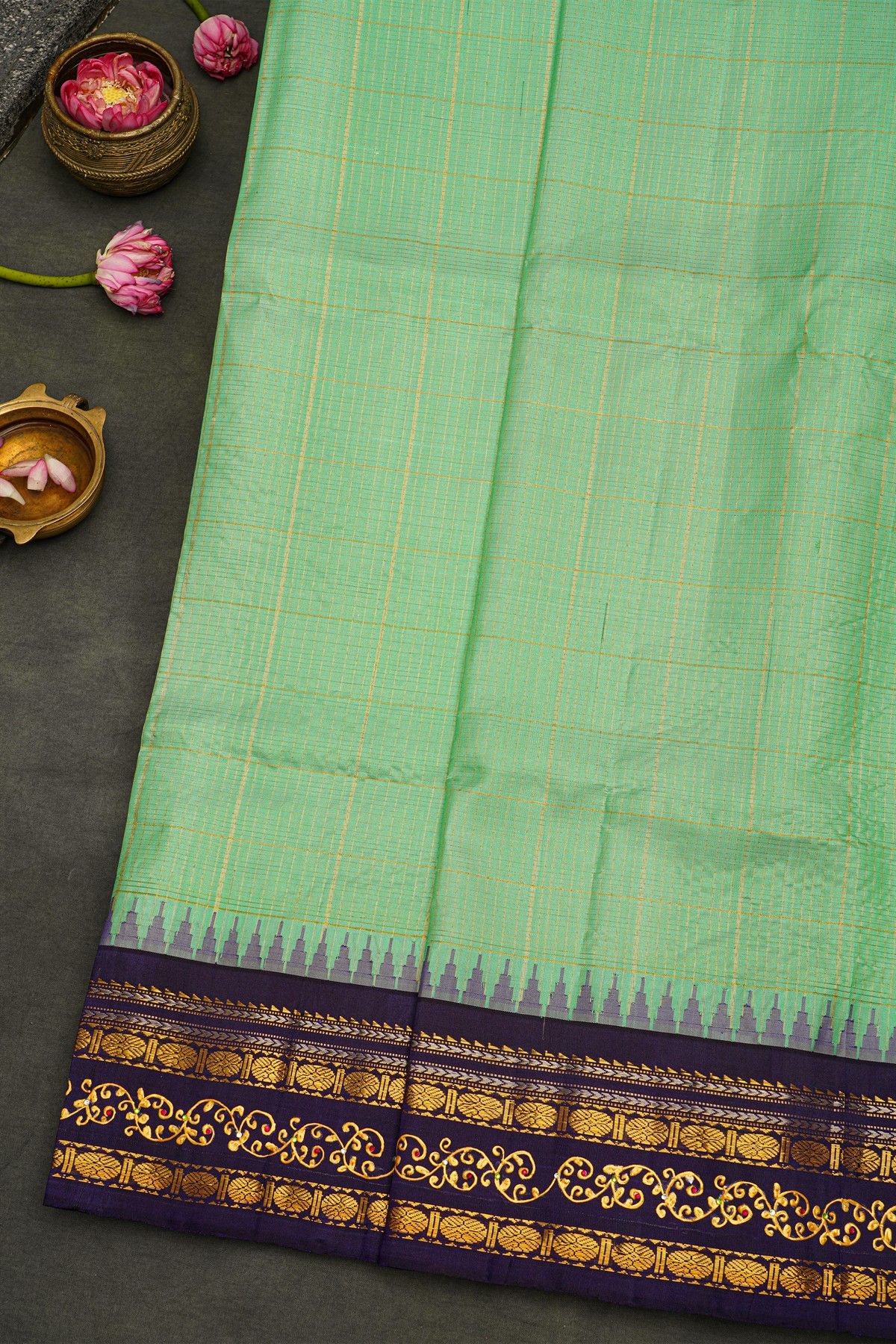 Gadwal Silk Mint Green Saree With Tanjore Hand Painted Border