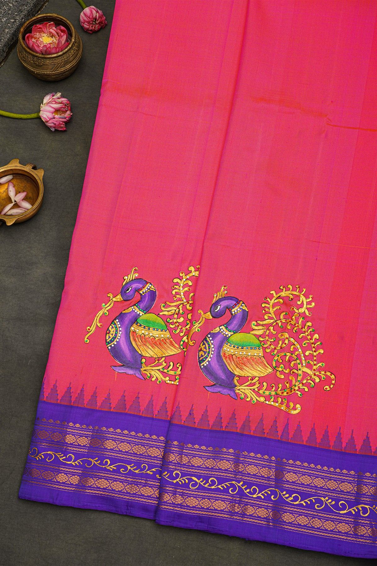 Gadwal Silk Pink Saree With Tanjore Hand Painted Border
