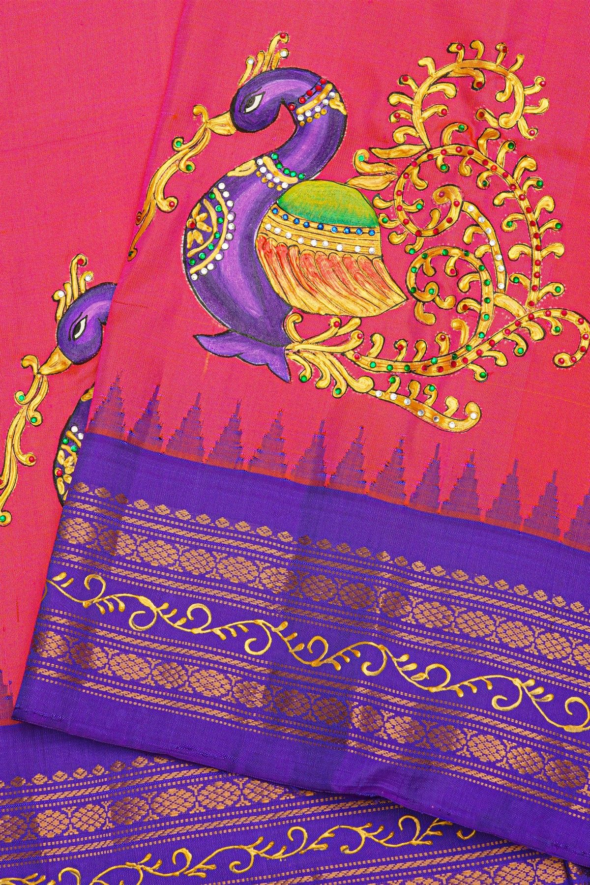 Gadwal Silk Pink Saree With Tanjore Hand Painted Border