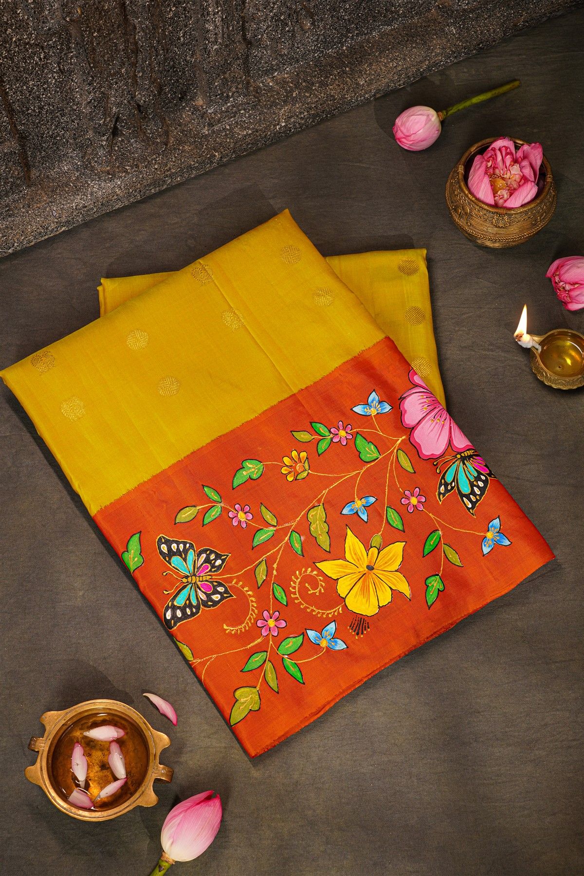 Gadwal Silk Yellow Saree With Tanjore Hand Painted Border.
