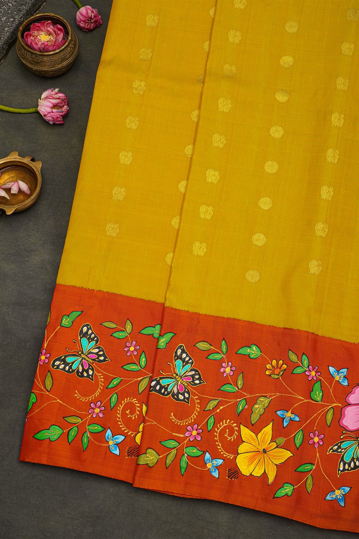 Gadwal Silk Yellow Saree With Tanjore Hand Painted Border.