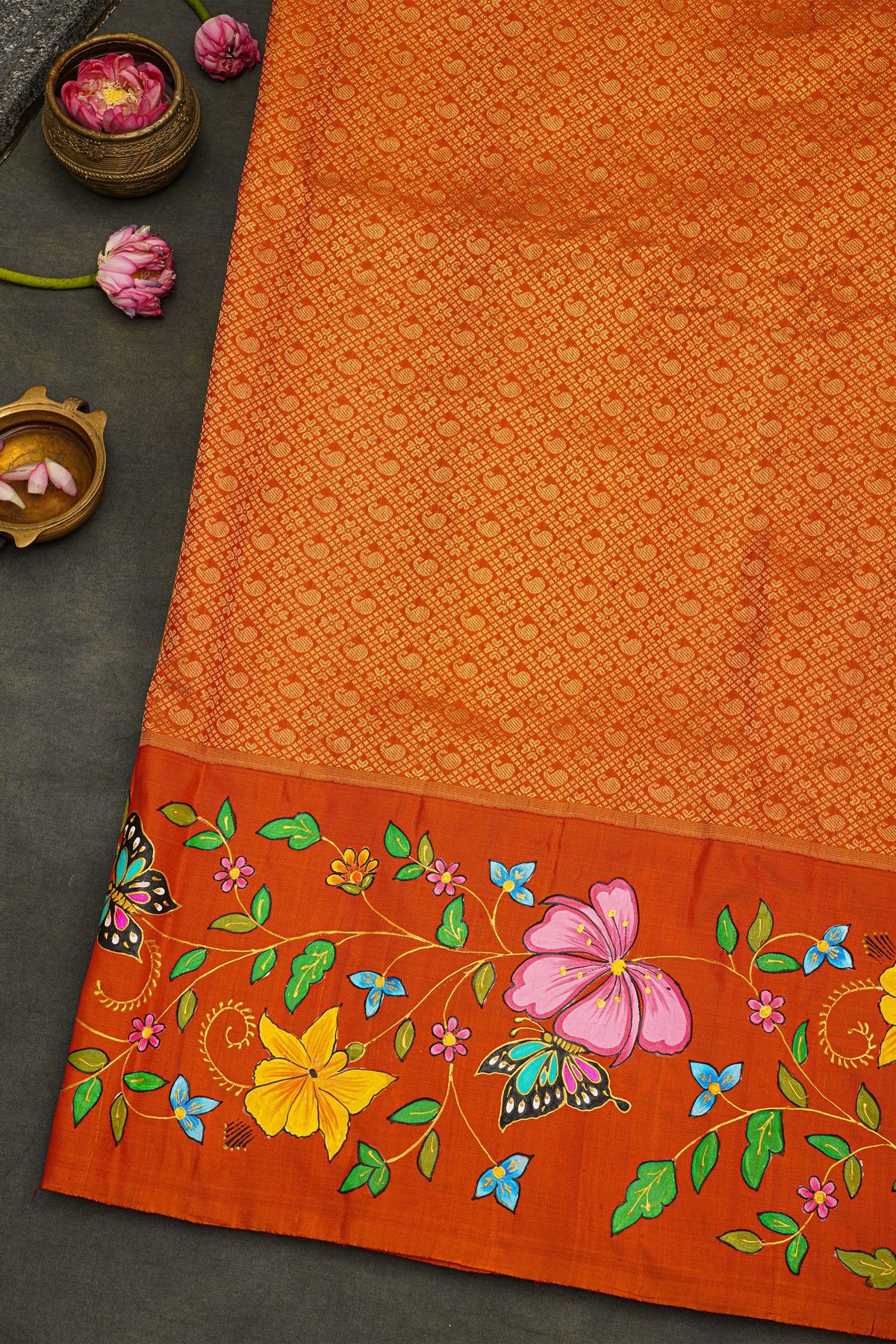 Gadwal Silk Yellow Saree With Tanjore Hand Painted Border.