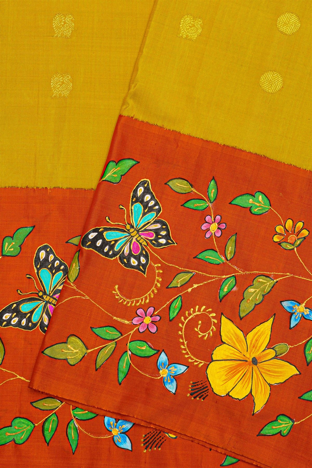 Gadwal Silk Yellow Saree With Tanjore Hand Painted Border.