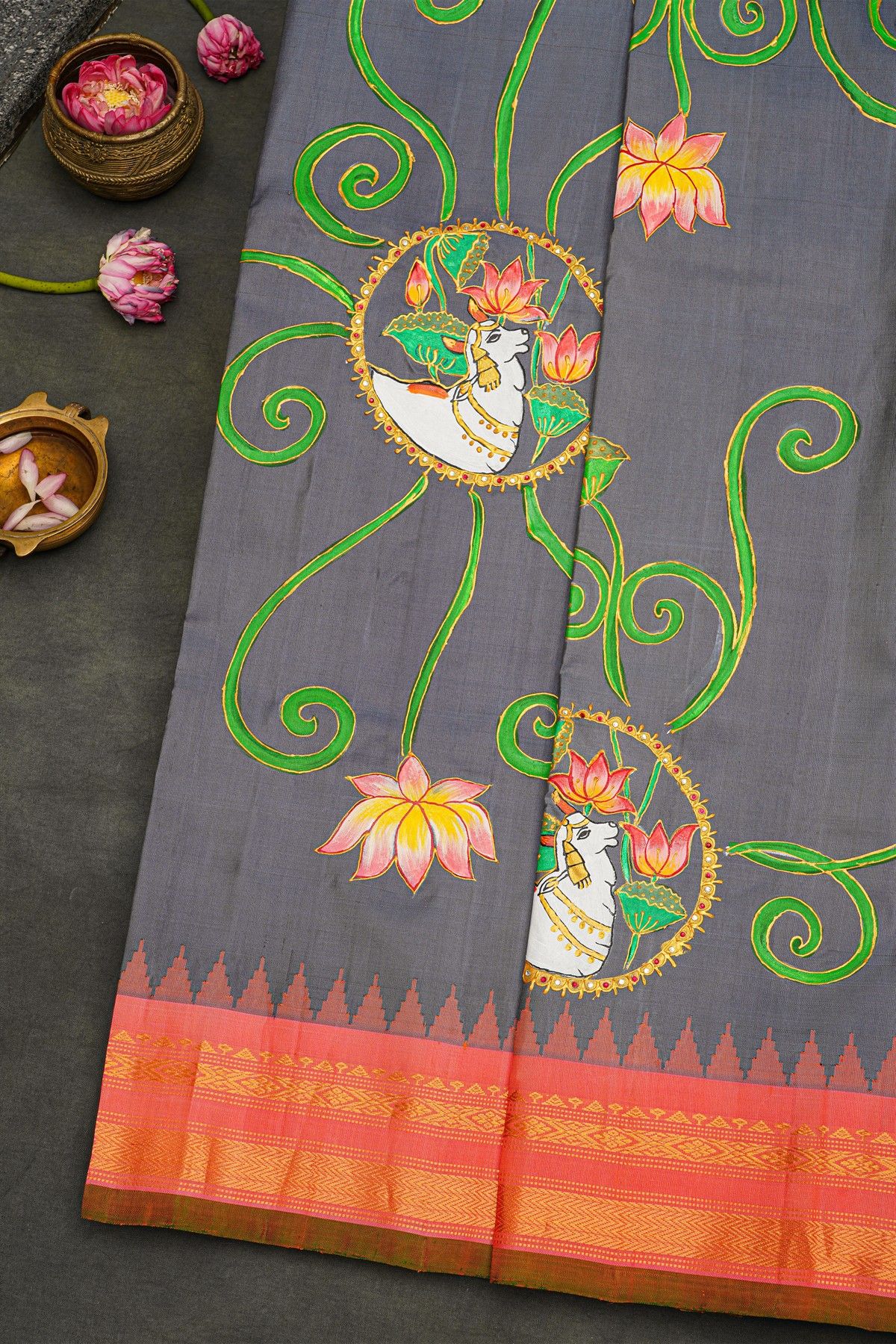 Gadwal Silk Grey Saree With Tanjore Hand Painted Border.