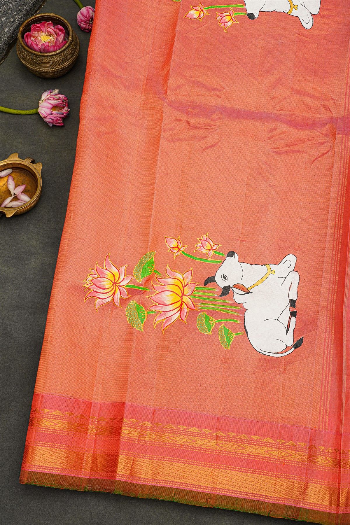 Gadwal Silk Grey Saree With Tanjore Hand Painted Border.