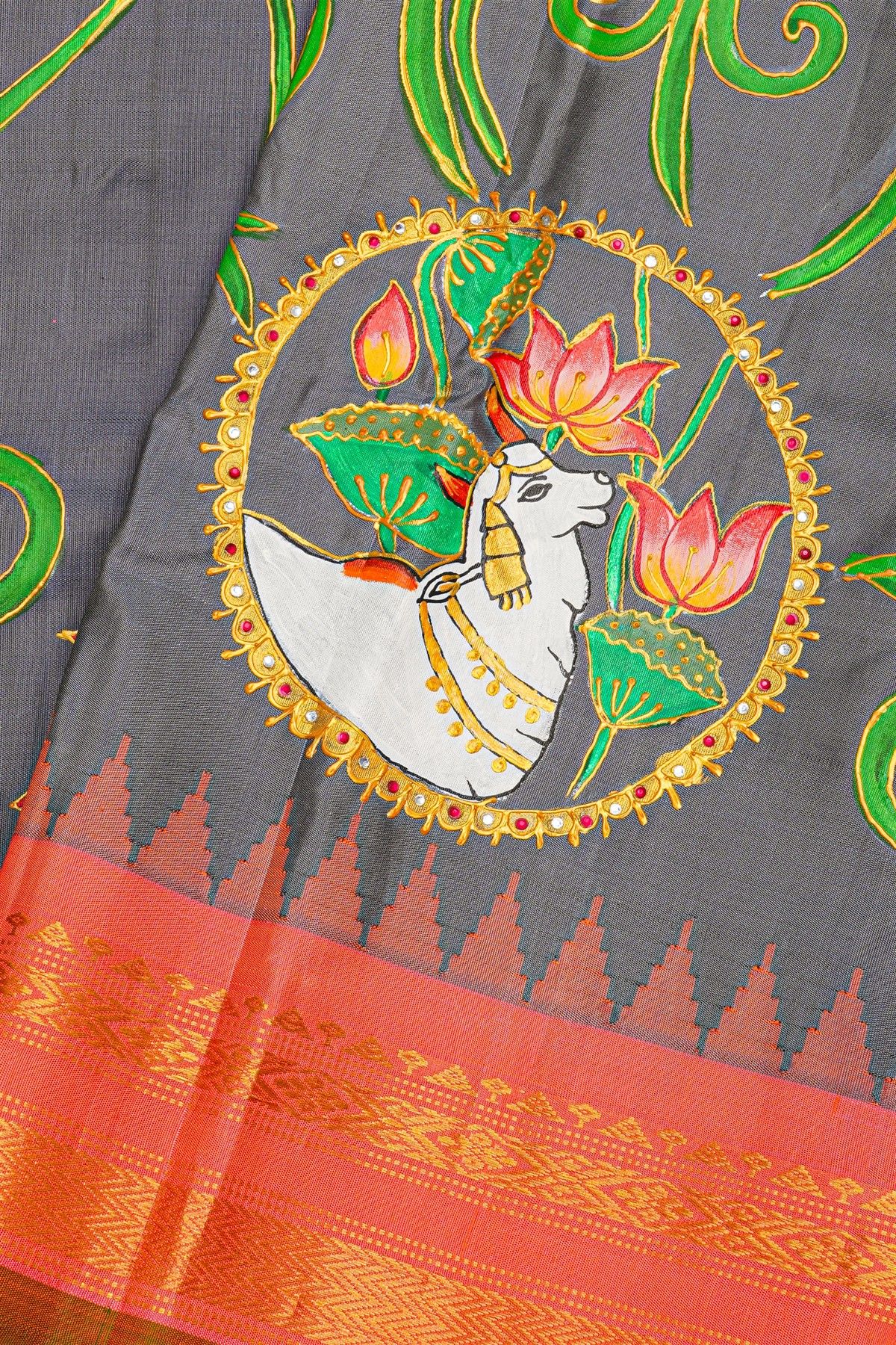 Gadwal Silk Grey Saree With Tanjore Hand Painted Border.