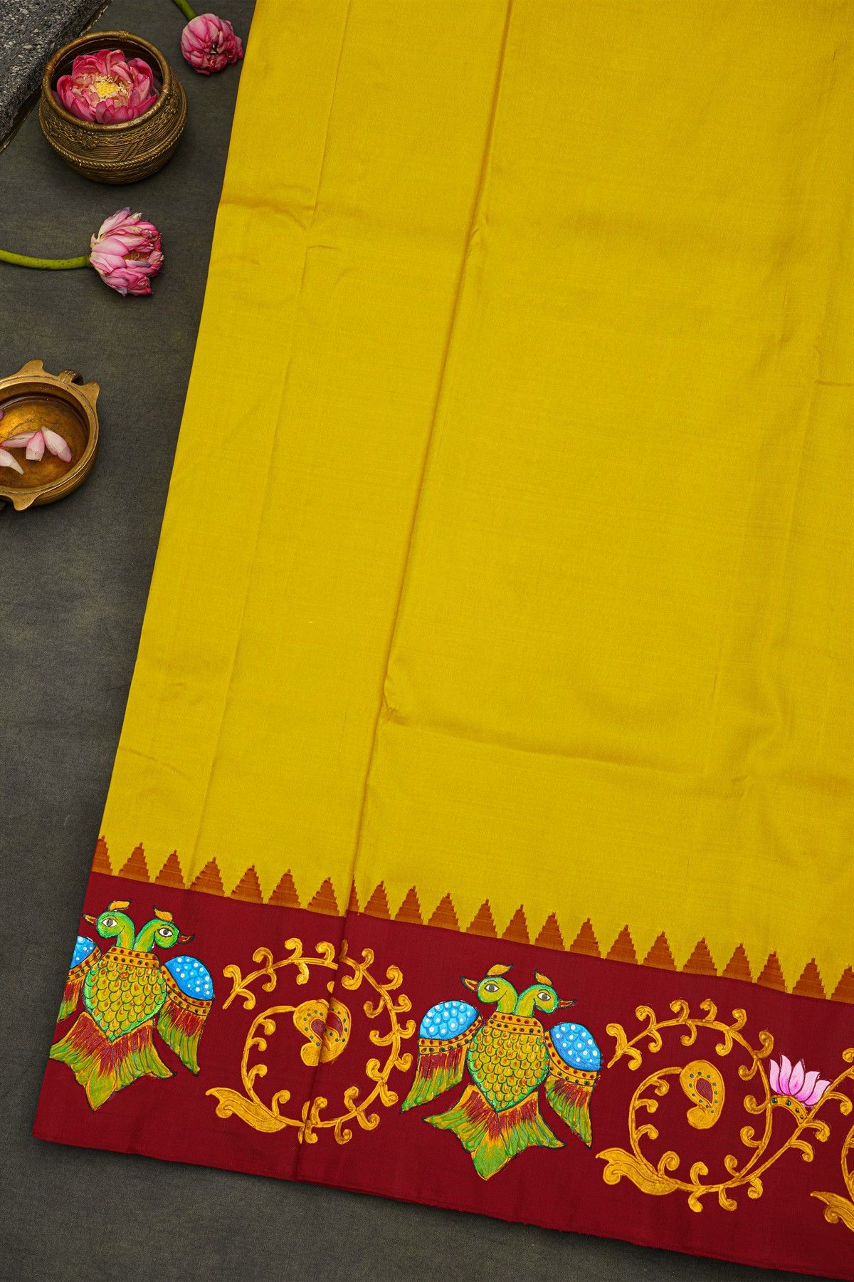 Gadwal Silk Yellow Saree With Tanjore Hand-Painted Border