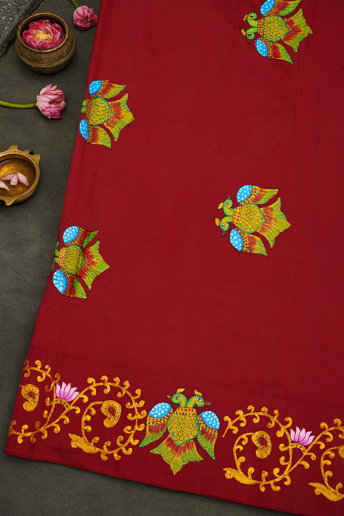 Gadwal Silk Yellow Saree With Tanjore Hand-Painted Border