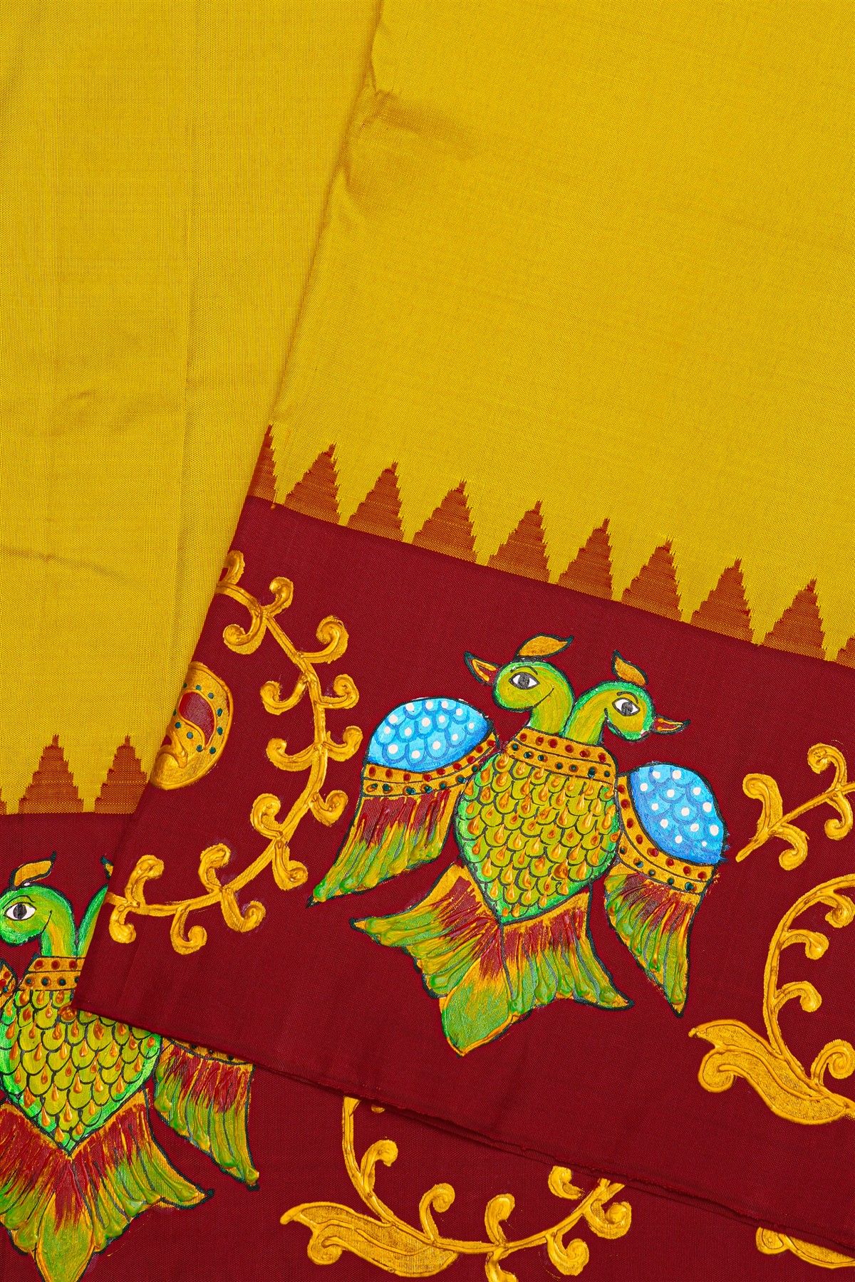 Gadwal Silk Yellow Saree With Tanjore Hand-Painted Border