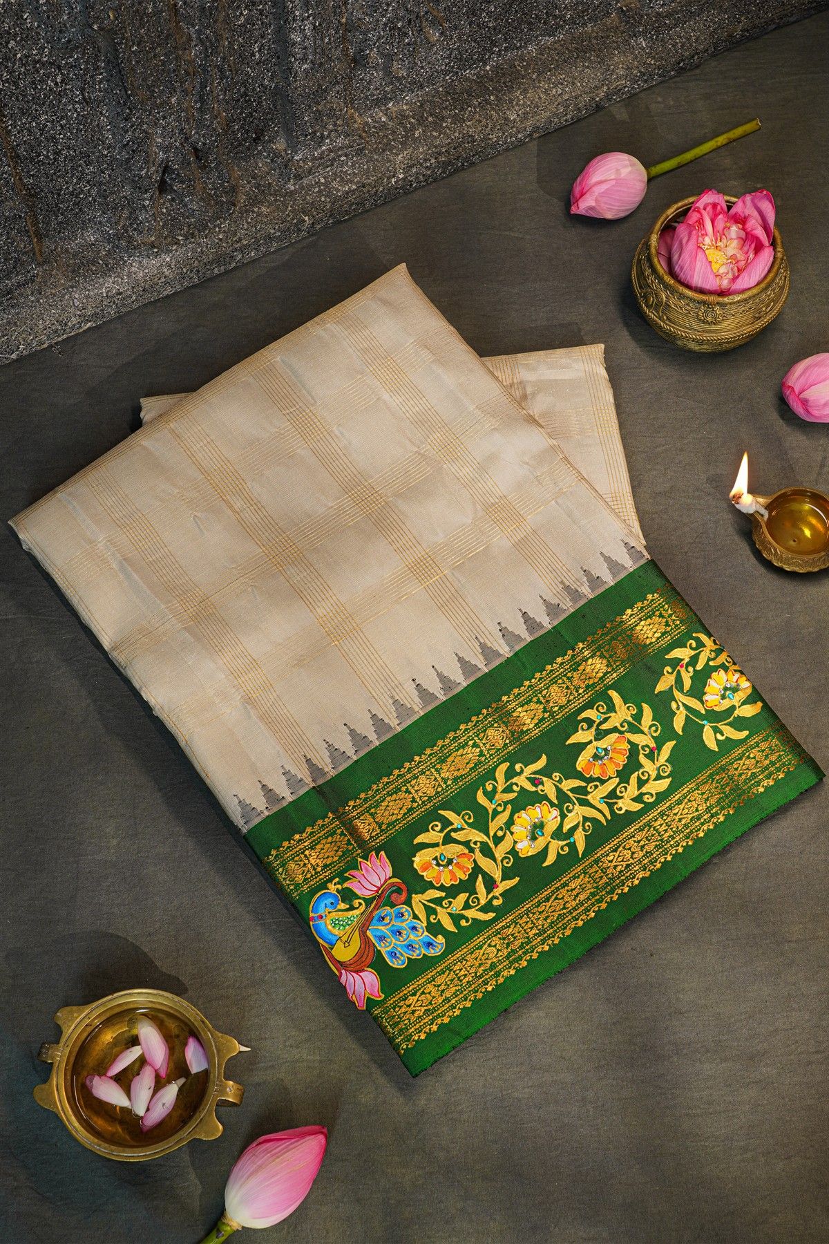 Gadwal Silk Off White Saree With Tanjore Hand Painted Florals Border.