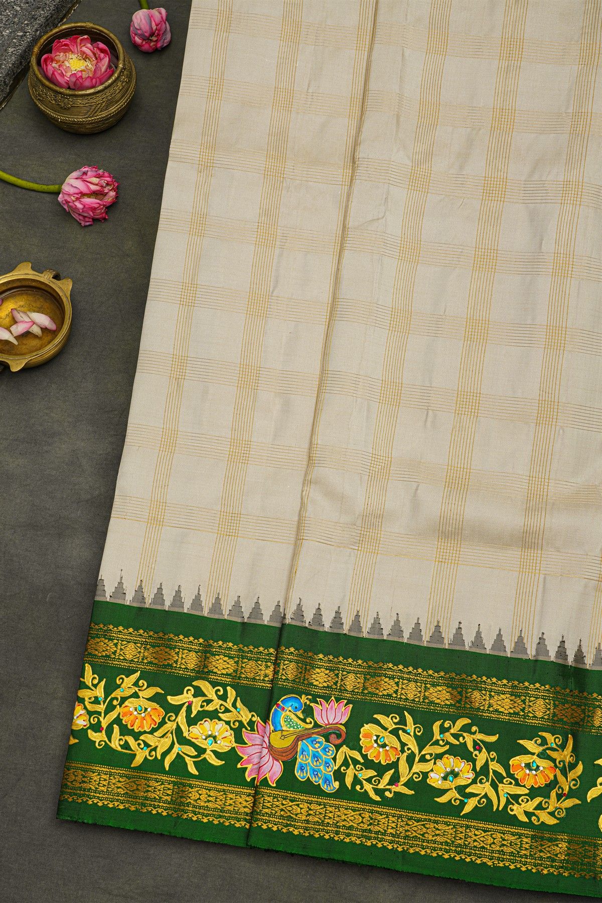 Gadwal Silk Off White Saree With Tanjore Hand Painted Florals Border.