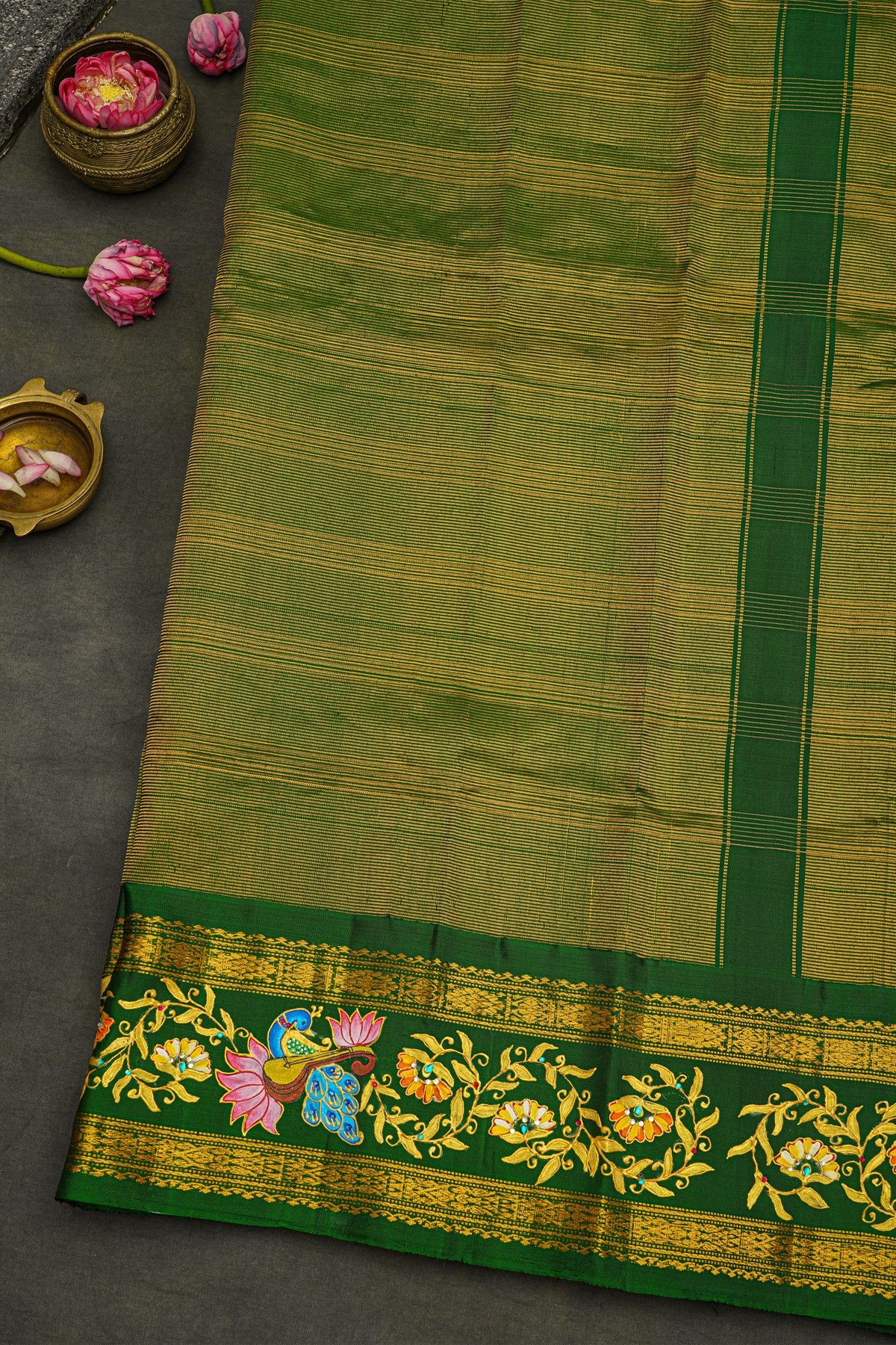 Gadwal Silk Off White Saree With Tanjore Hand Painted Florals Border.