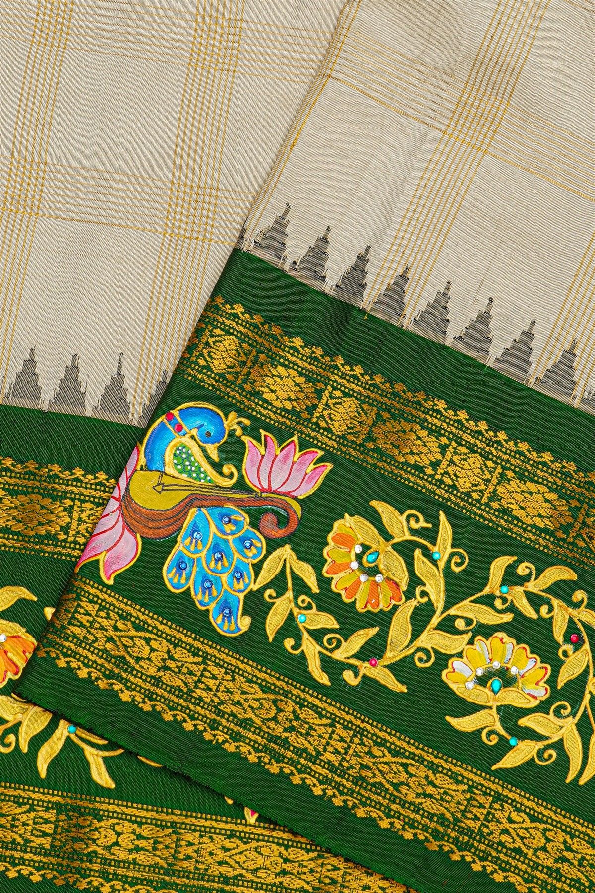Gadwal Silk Off White Saree With Tanjore Hand Painted Florals Border.