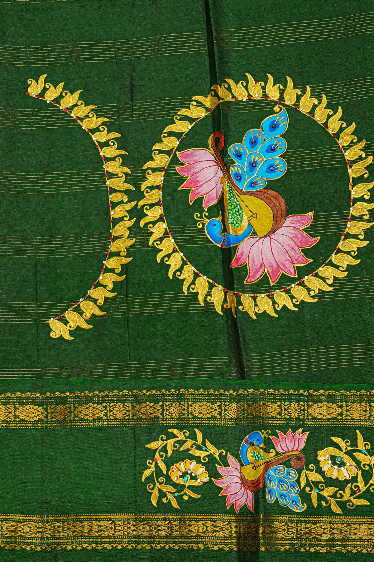 Gadwal Silk Off White Saree With Tanjore Hand Painted Florals Border.