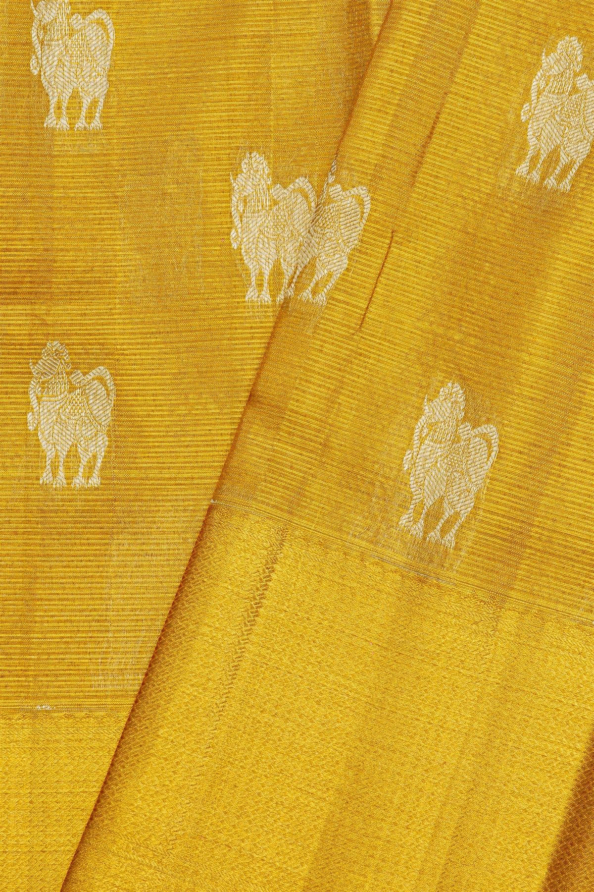 Kancheepuram Tissue Gold Saree With Florals And Yallis In Zari Body And Self Design Diamonds And Florals Border