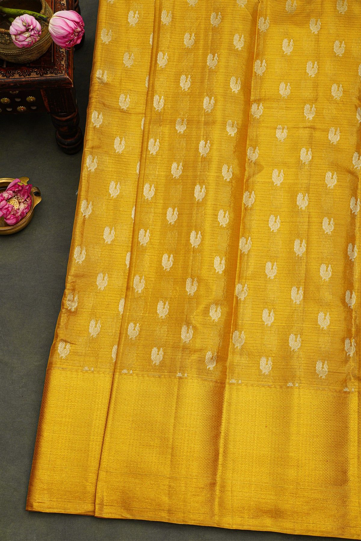 Kancheepuram Silk Golden Yellow Saree With Self Kaddi Border