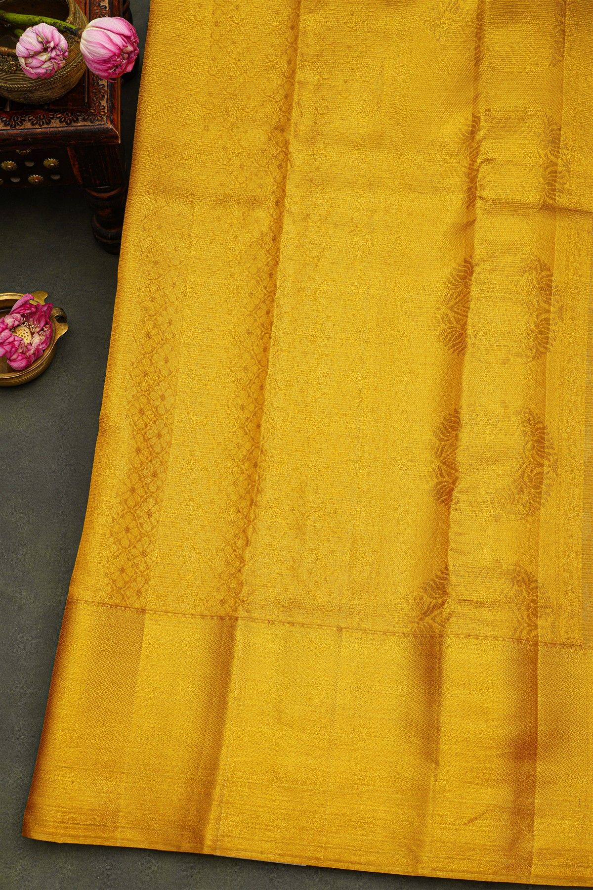 Kancheepuram Silk Golden Yellow Saree With Self Kaddi Border