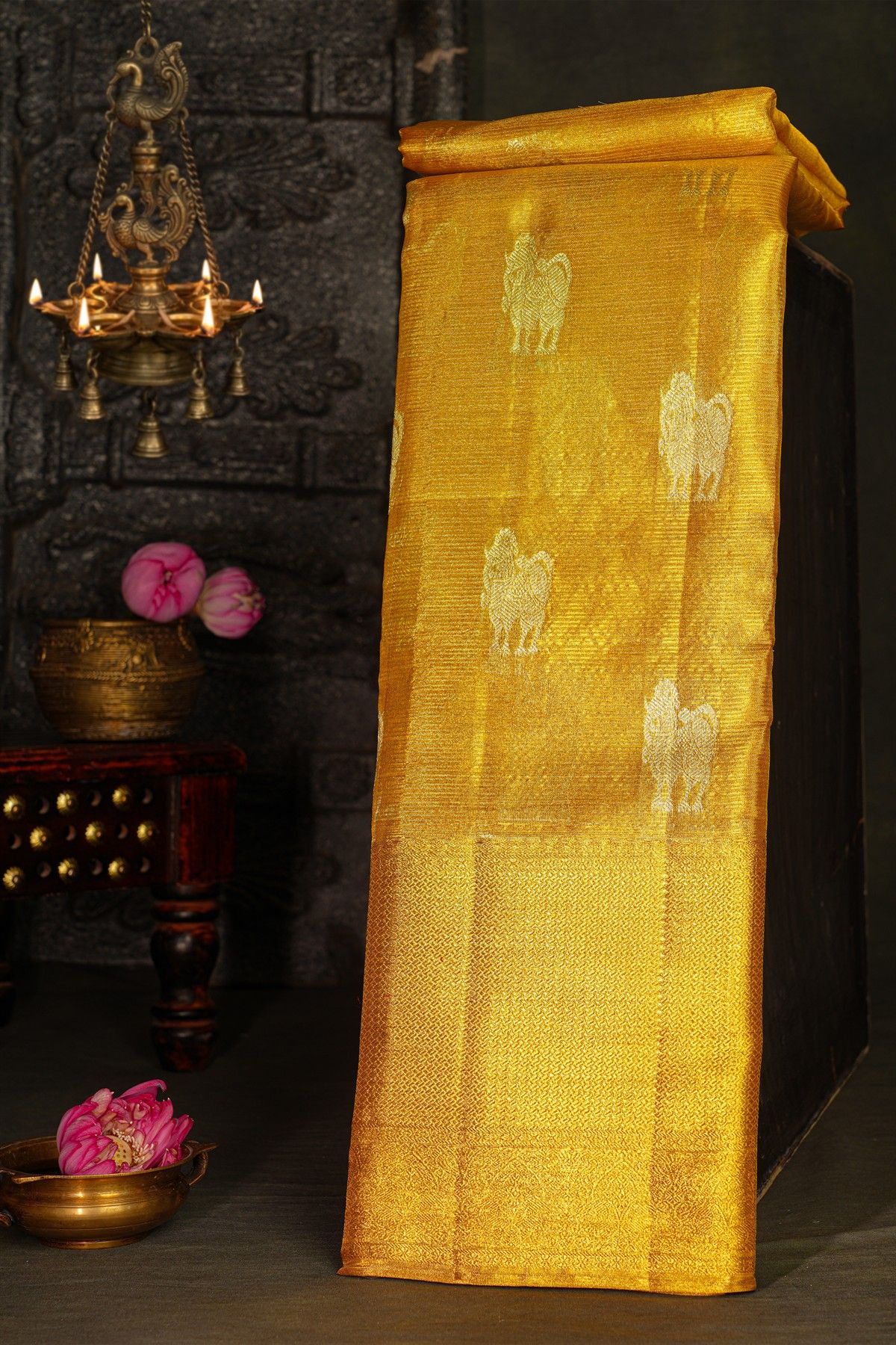 Kancheepuram Silk Golden Yellow Saree With Self Kaddi Border