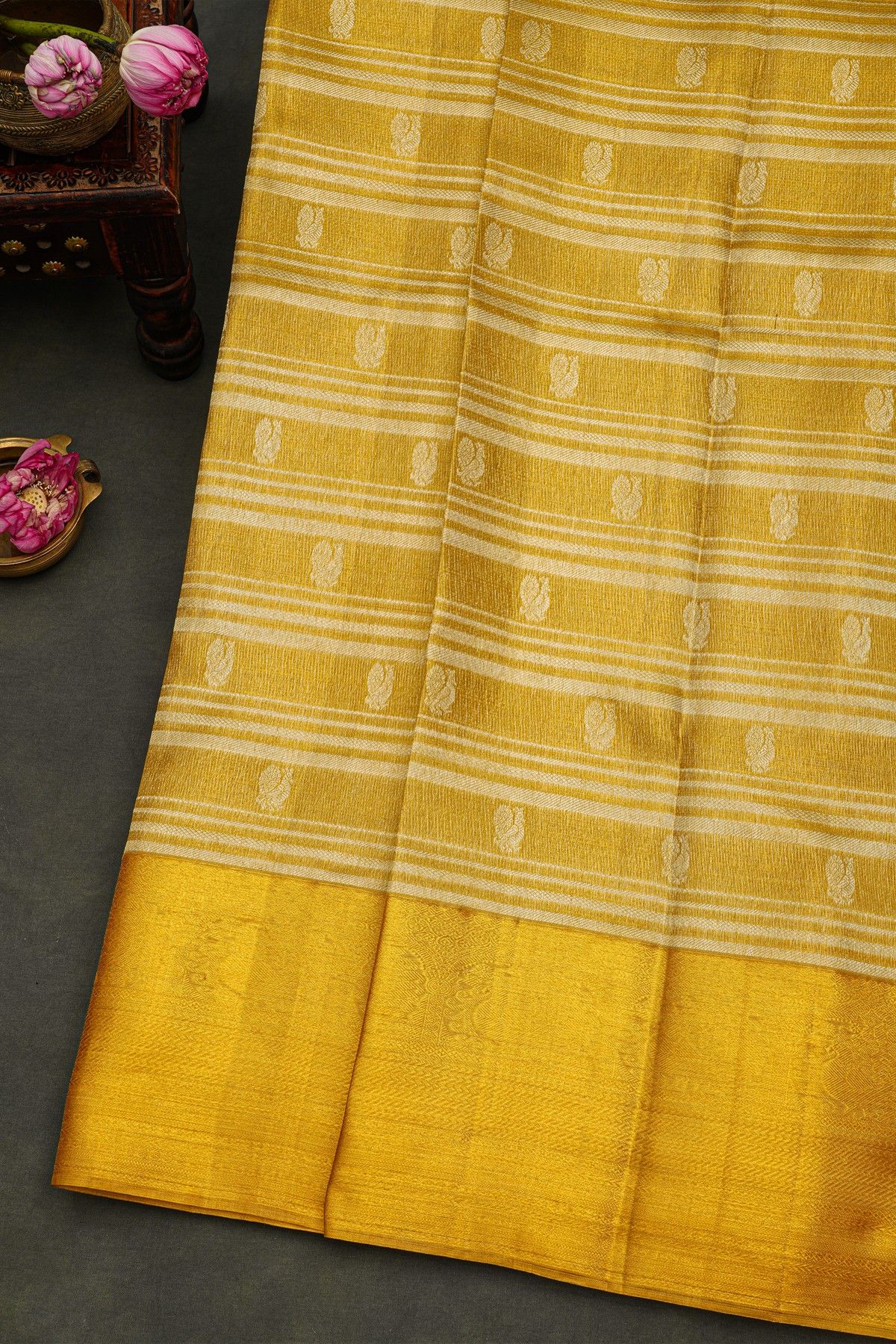 Kancheepuram Silk Gold Saree With Zari Lines And Peacocks Body