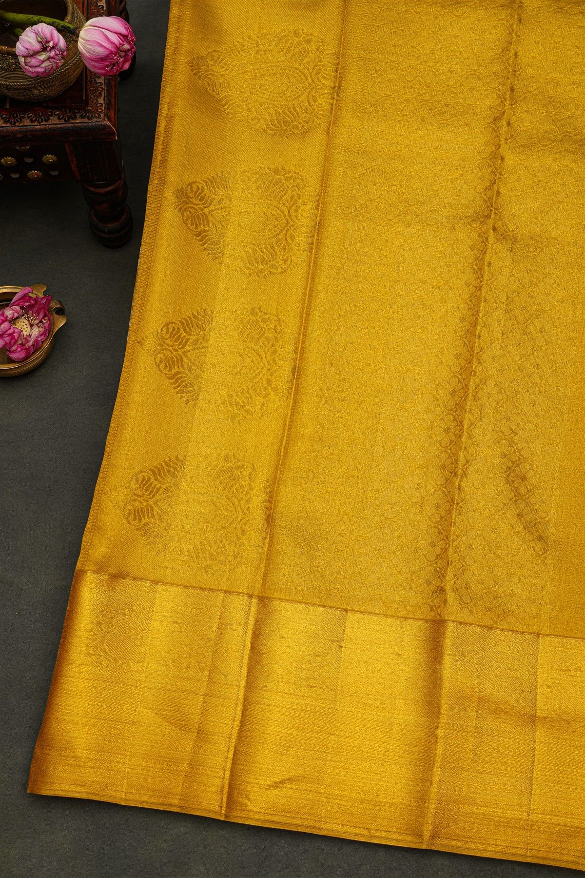 Kancheepuram Silk Gold Saree With Zari Lines And Peacocks Body