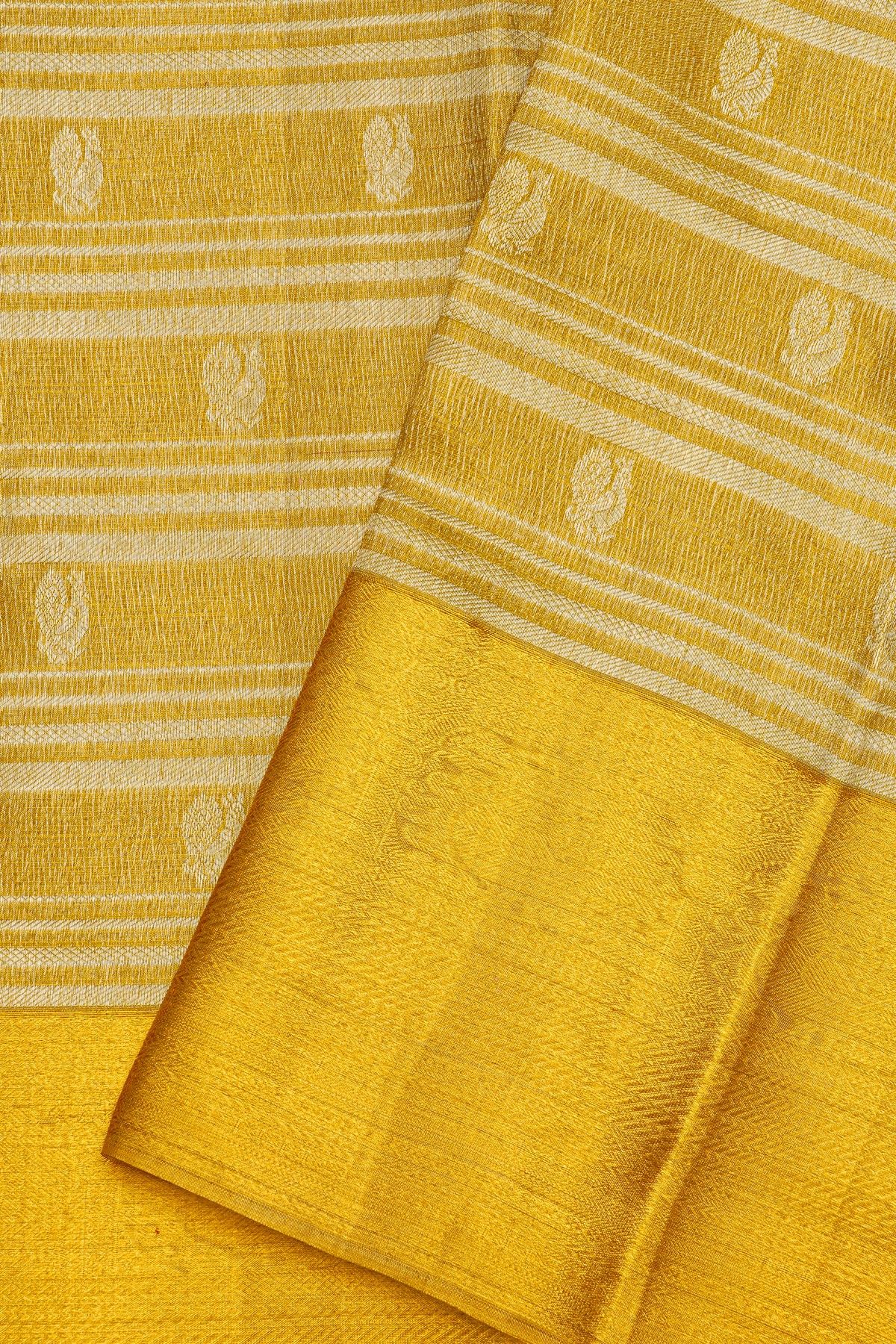 Kancheepuram Silk Gold Saree With Zari Lines And Peacocks Body
