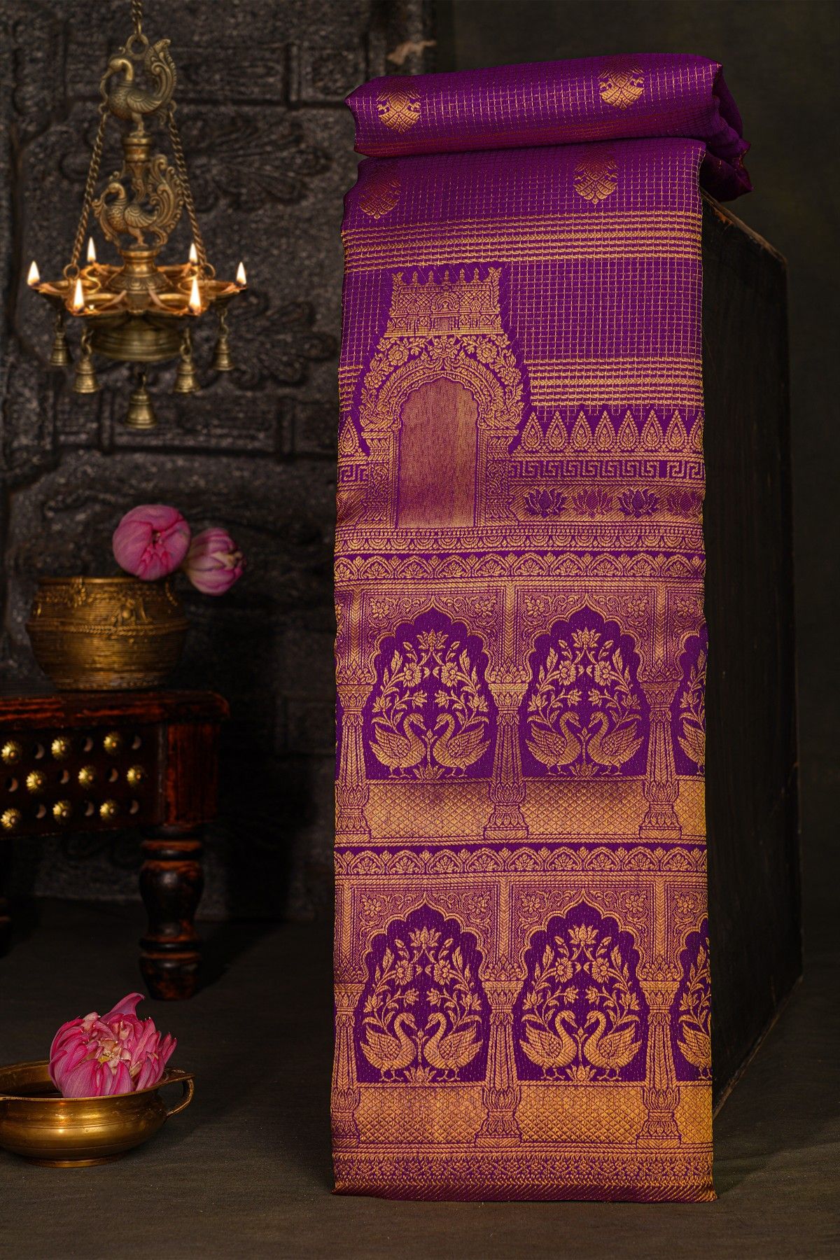 Kancheepuram Silk Purple Saree With Temple Background Border