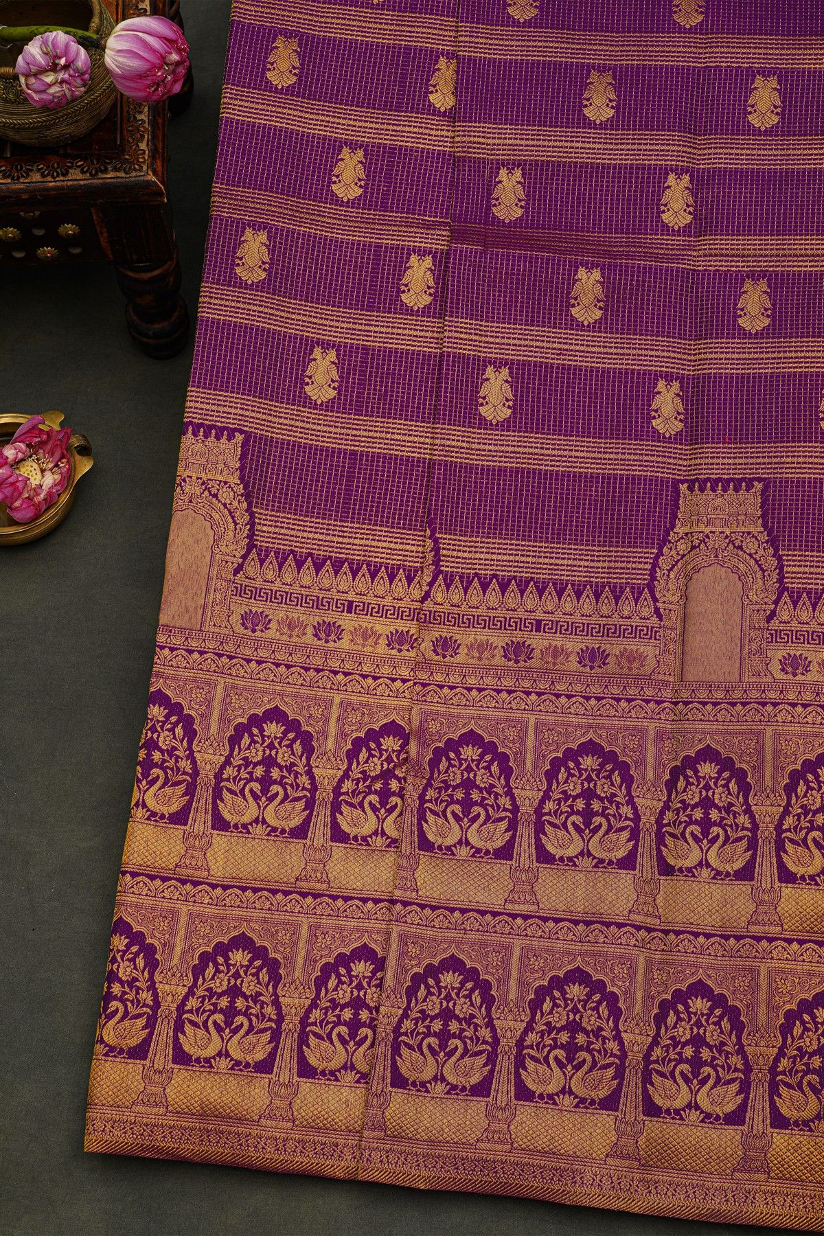 Kancheepuram Silk Purple Saree With Temple Background Border