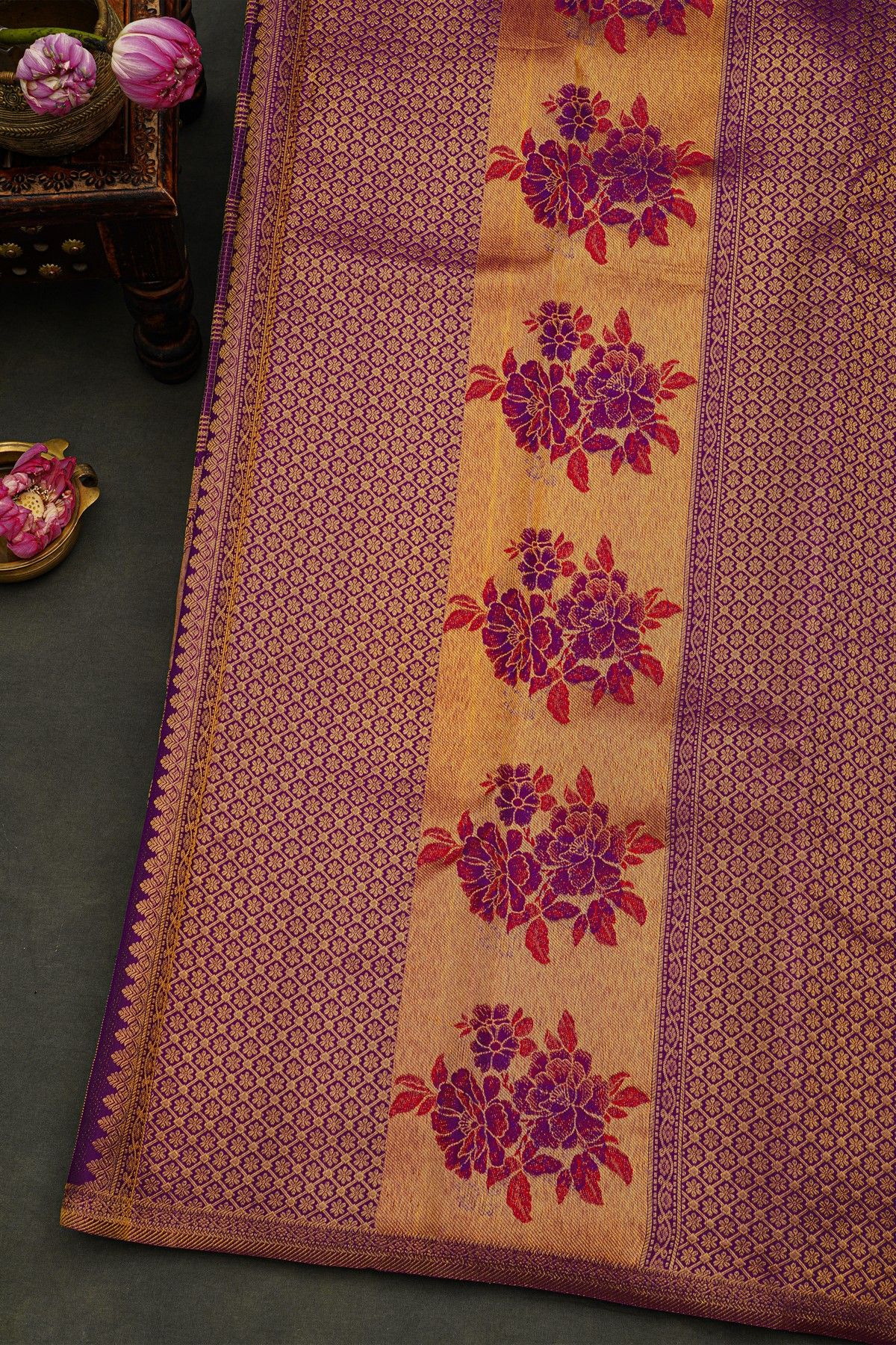 Kancheepuram Silk Purple Saree With Temple Background Border