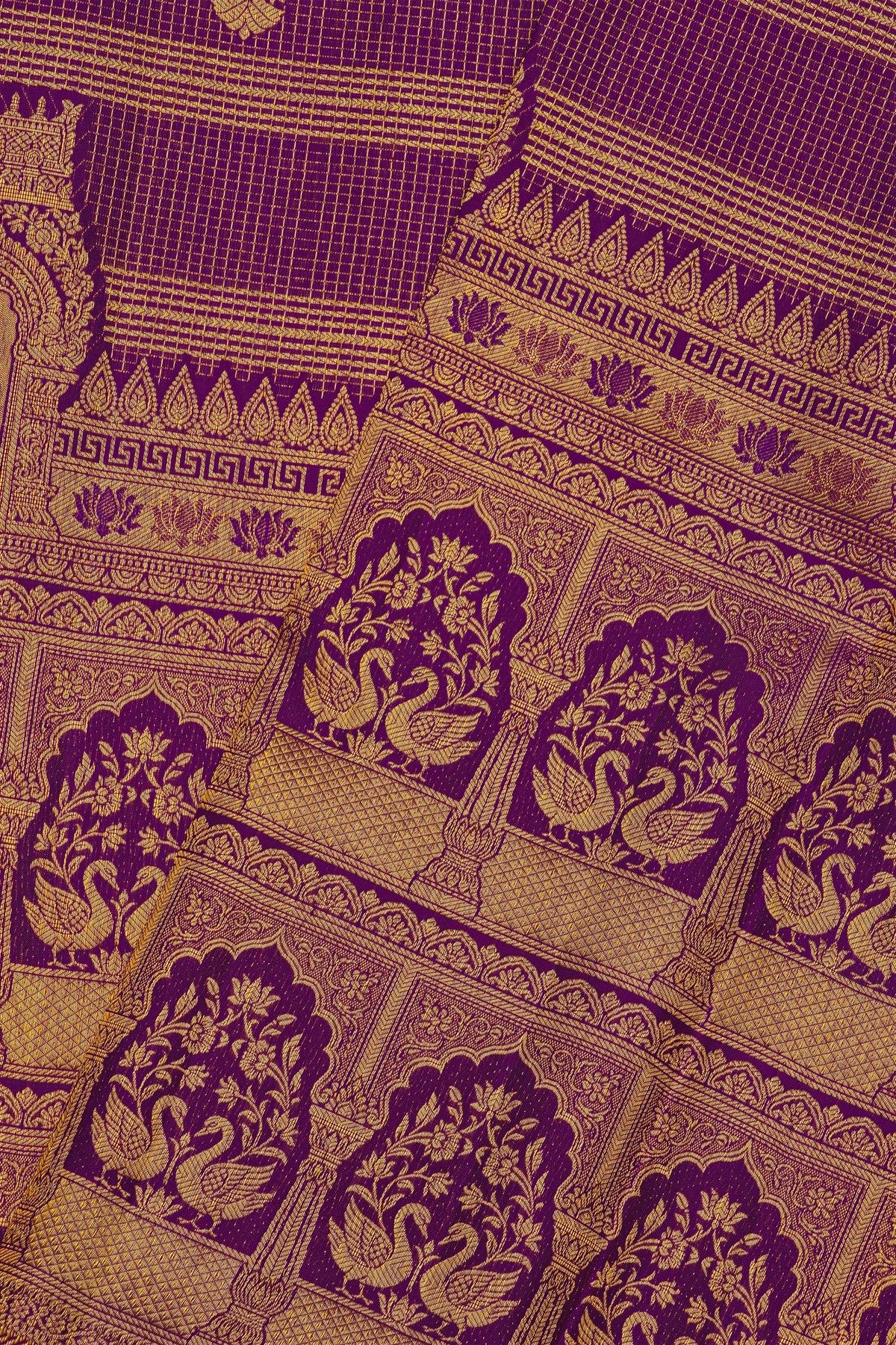 Kancheepuram Silk Purple Saree With Temple Background Border