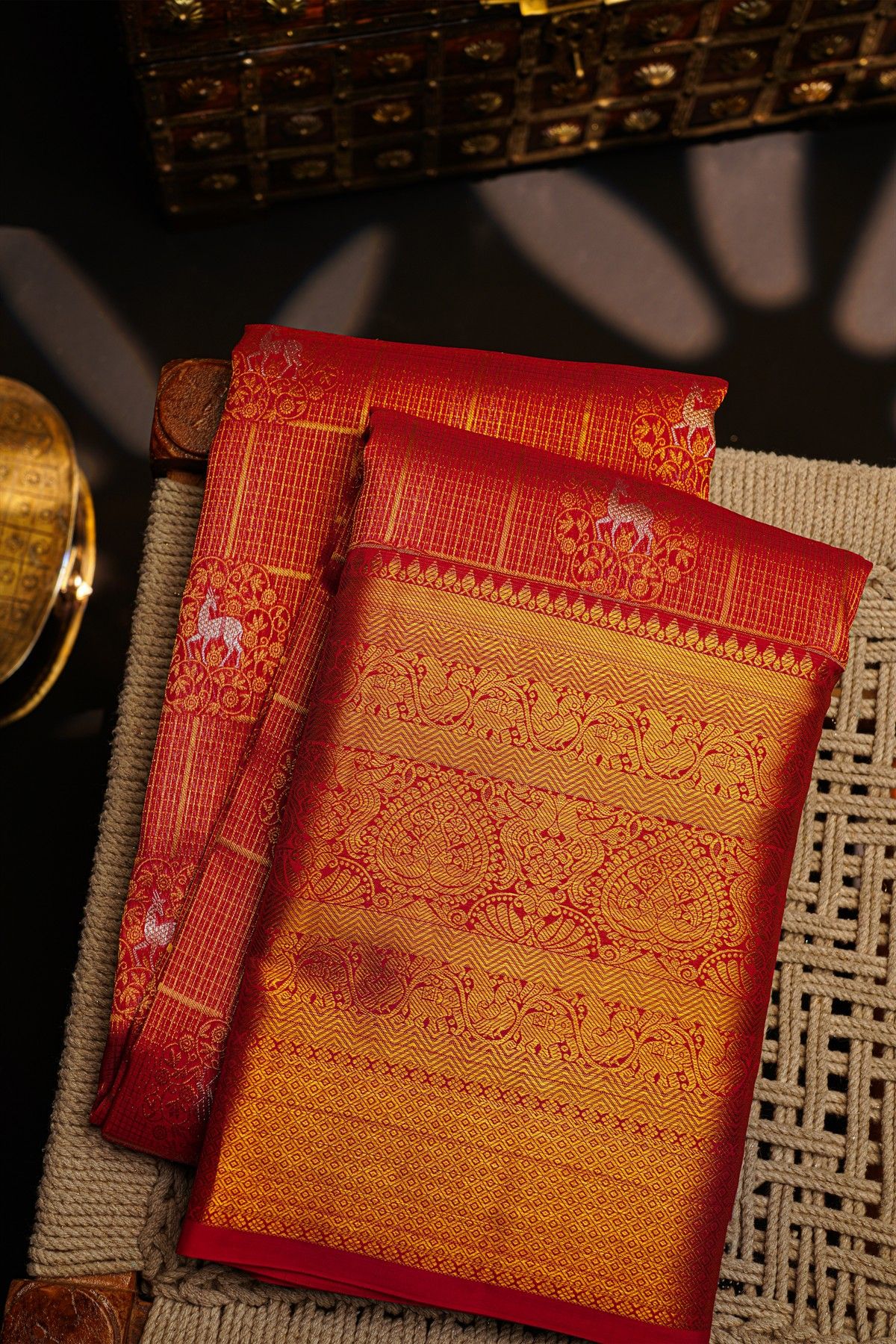 Kancheepuram Silk Red Saree With Deers In Checks Self Border Saree