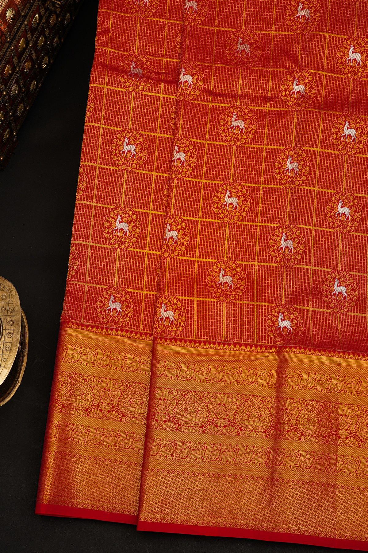 Kancheepuram Silk Red Saree With Deers In Checks Self Border Saree