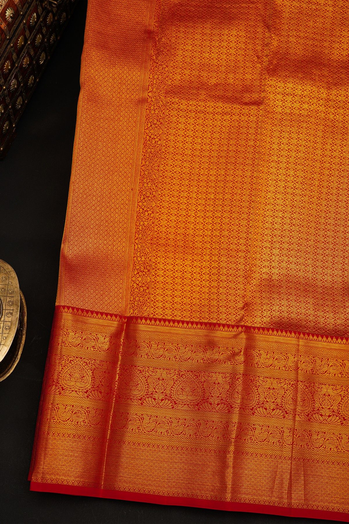 Kancheepuram Silk Red Saree With Deers In Checks Self Border Saree
