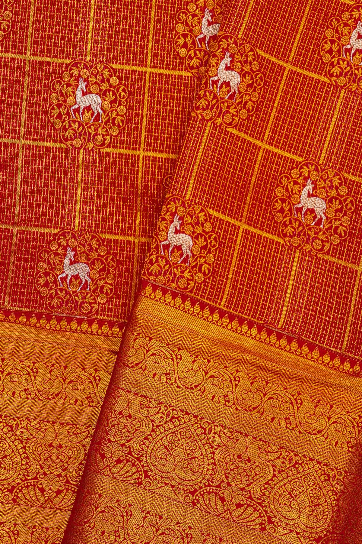 Kancheepuram Silk Red Saree With Deers In Checks Self Border Saree