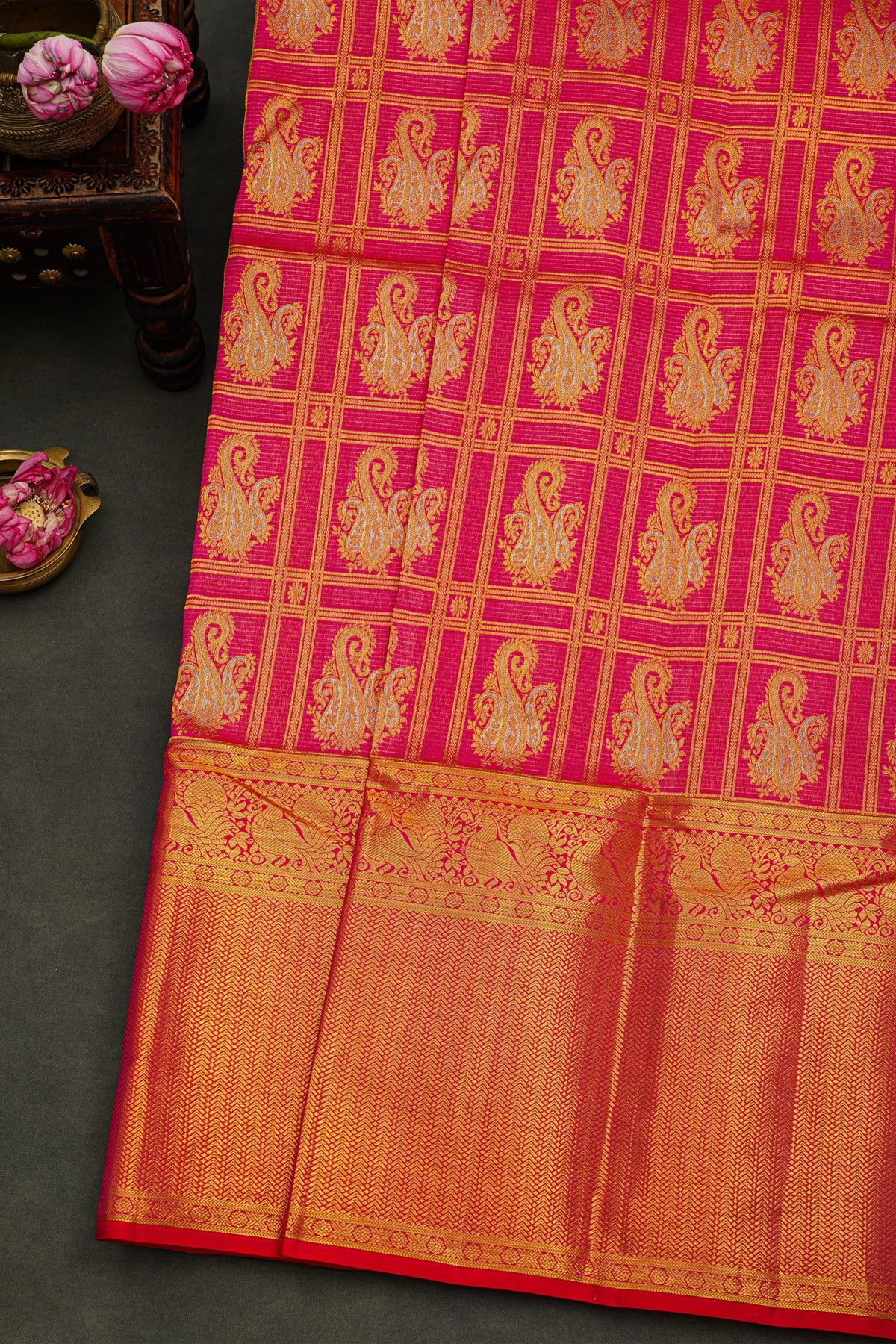 Kancheepuram Silk Rani Pink Saree With Zari Checks Mango Body