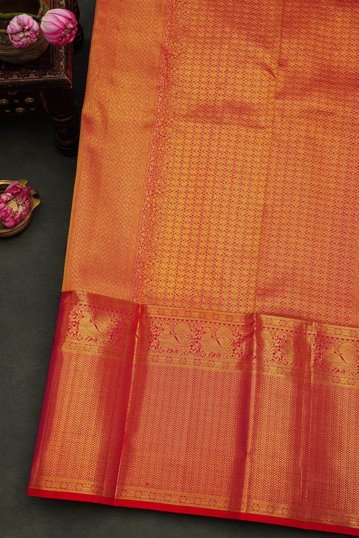 Kancheepuram Silk Rani Pink Saree With Zari Checks Mango Body