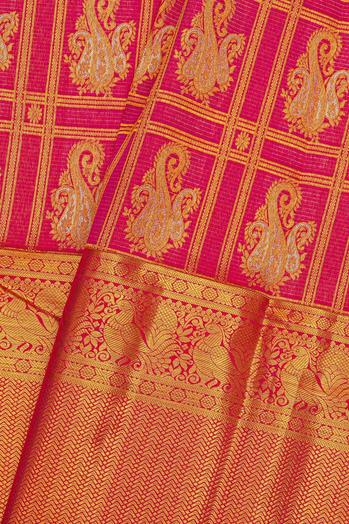 Kancheepuram Silk Rani Pink Saree With Zari Checks Mango Body