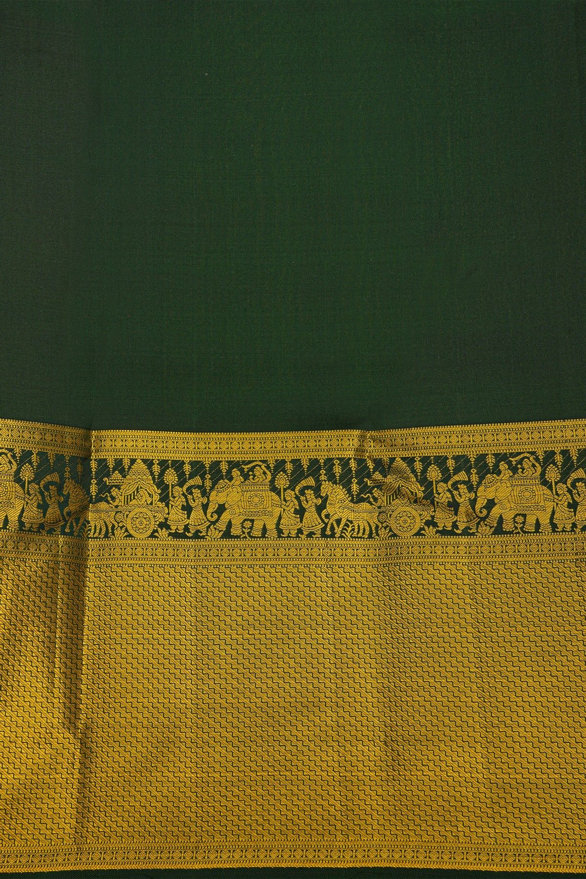 Kancheepuram Silk Bottle Green Saree With Self Zig-Zag Lines And Pallaki Motifs Border