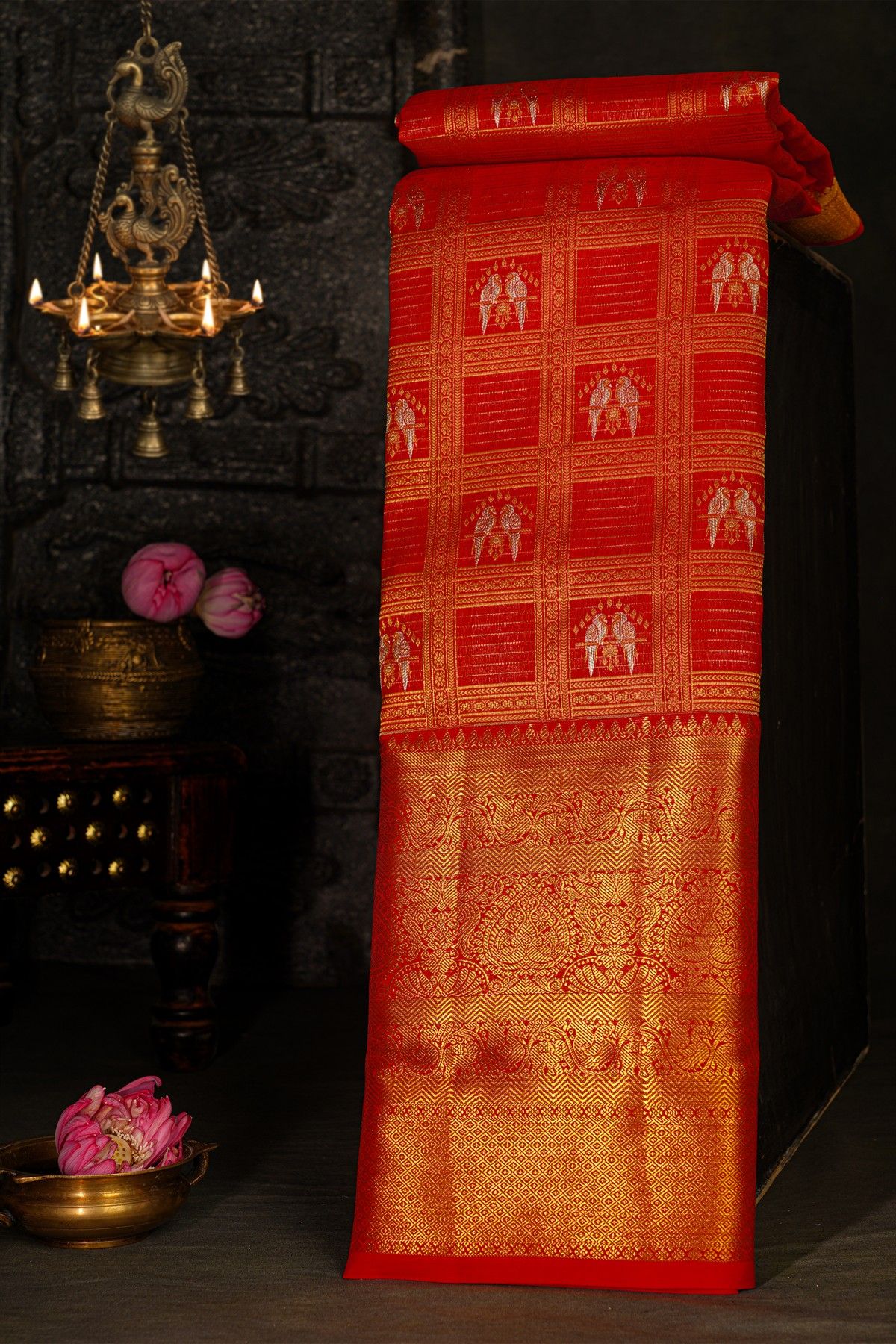 Kancheepuram Silk Red Saree With Parrot Buttis In Checks Body