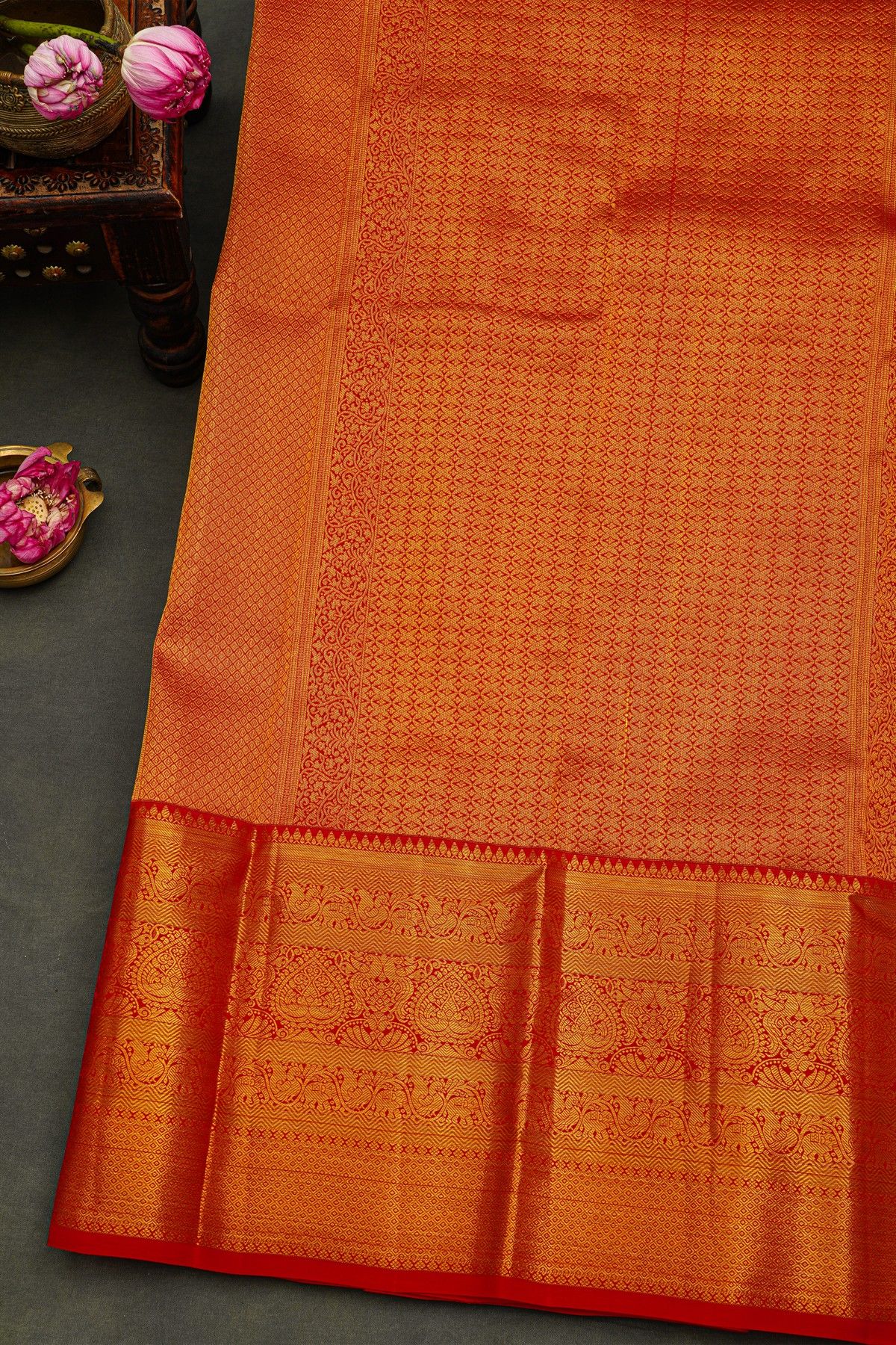 Kancheepuram Silk Red Saree With Parrot Buttis In Checks Body
