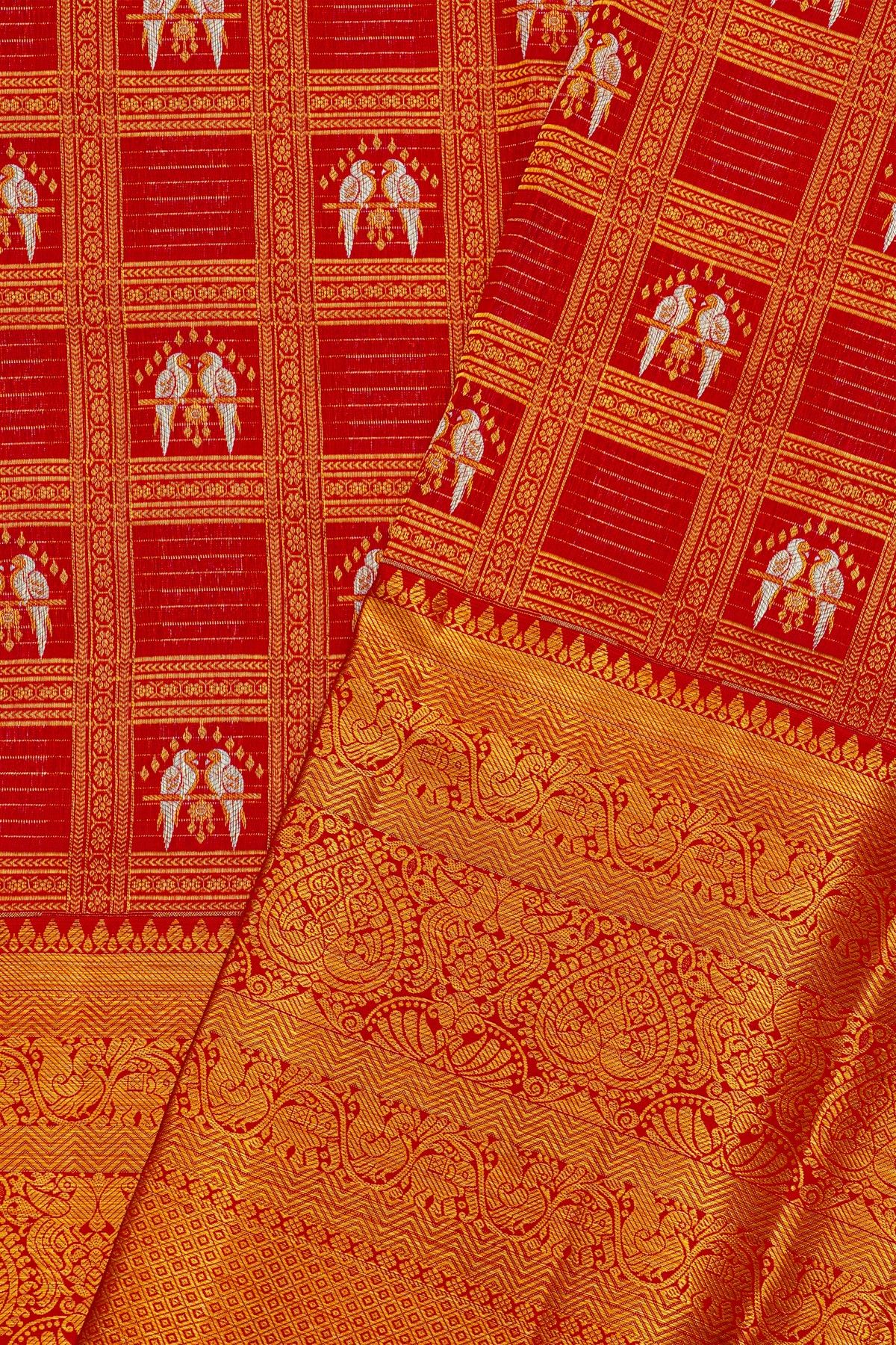 Kancheepuram Silk Red Saree With Parrot Buttis In Checks Body