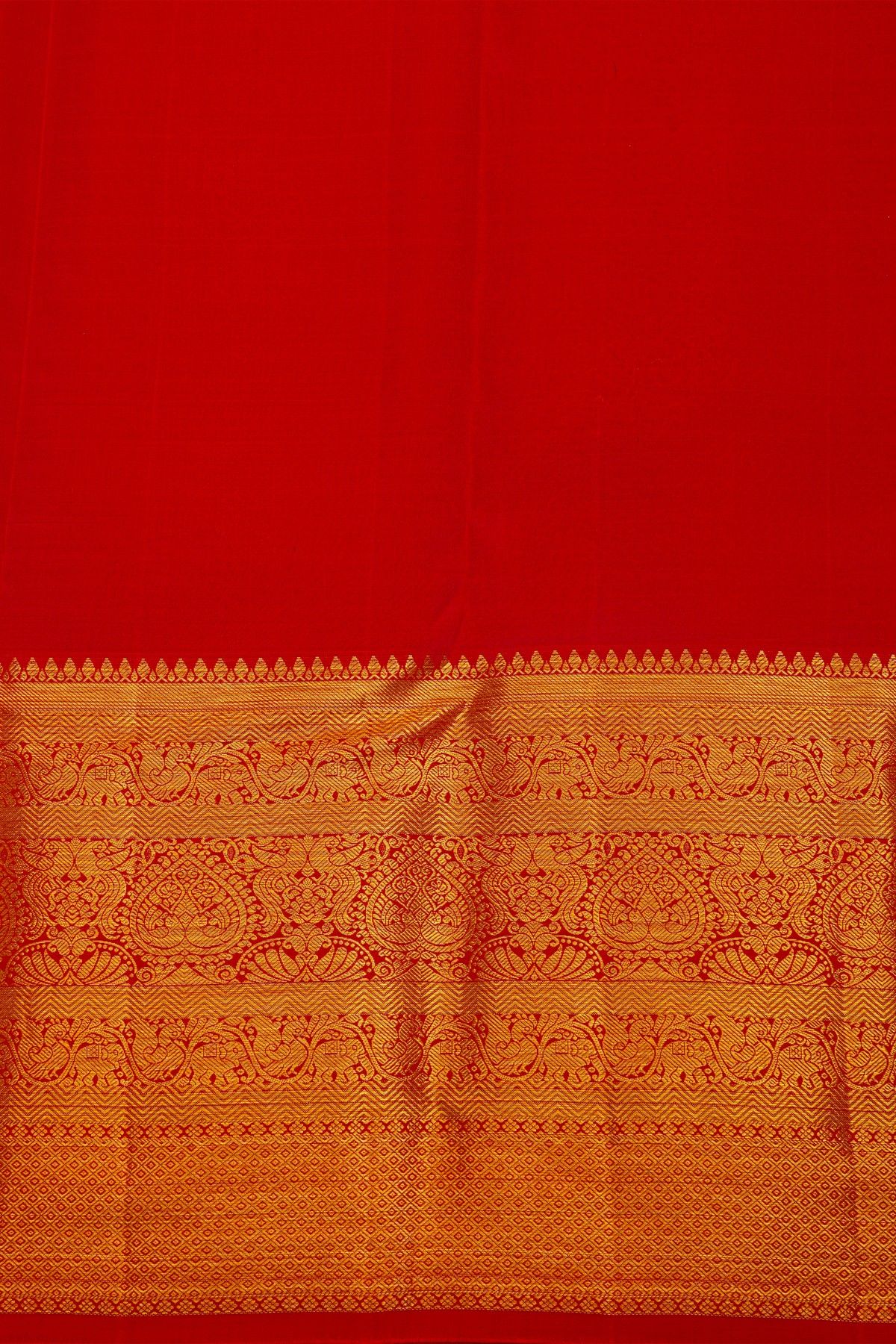Kancheepuram Silk Red Saree With Parrot Buttis In Checks Body