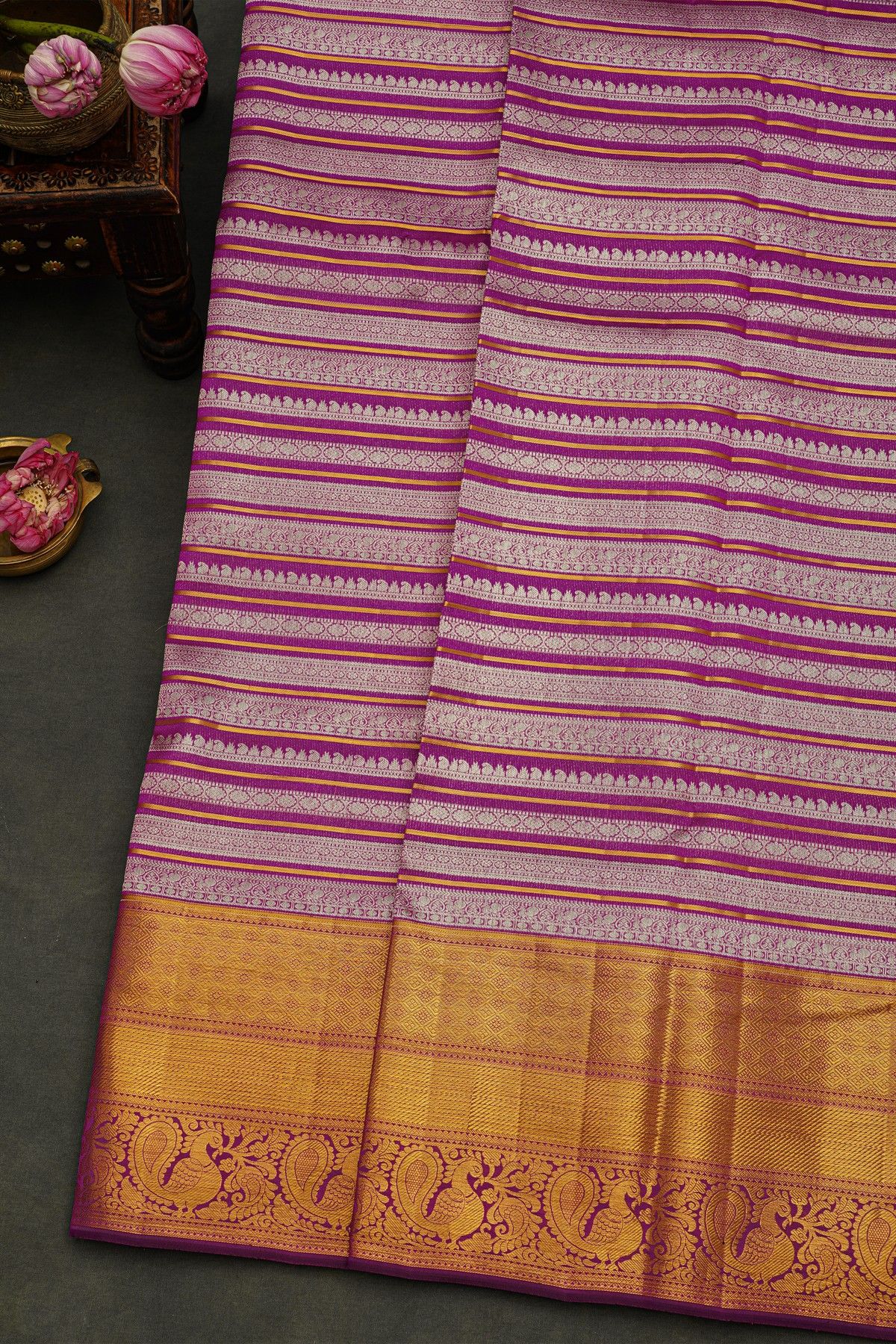 Kancheepuram Silk Purple Saree Strips With Florals And Birds Body