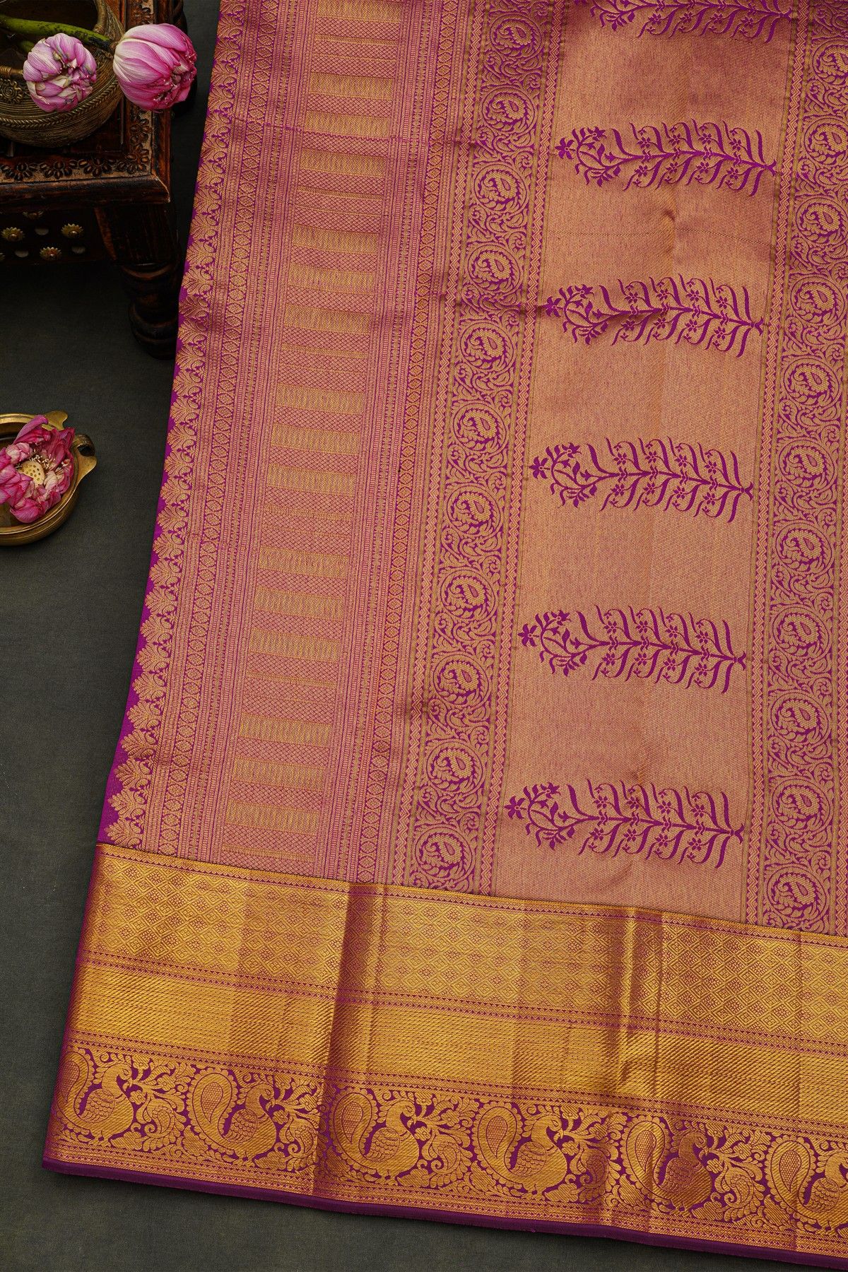 Kancheepuram Silk Purple Saree Strips With Florals And Birds Body