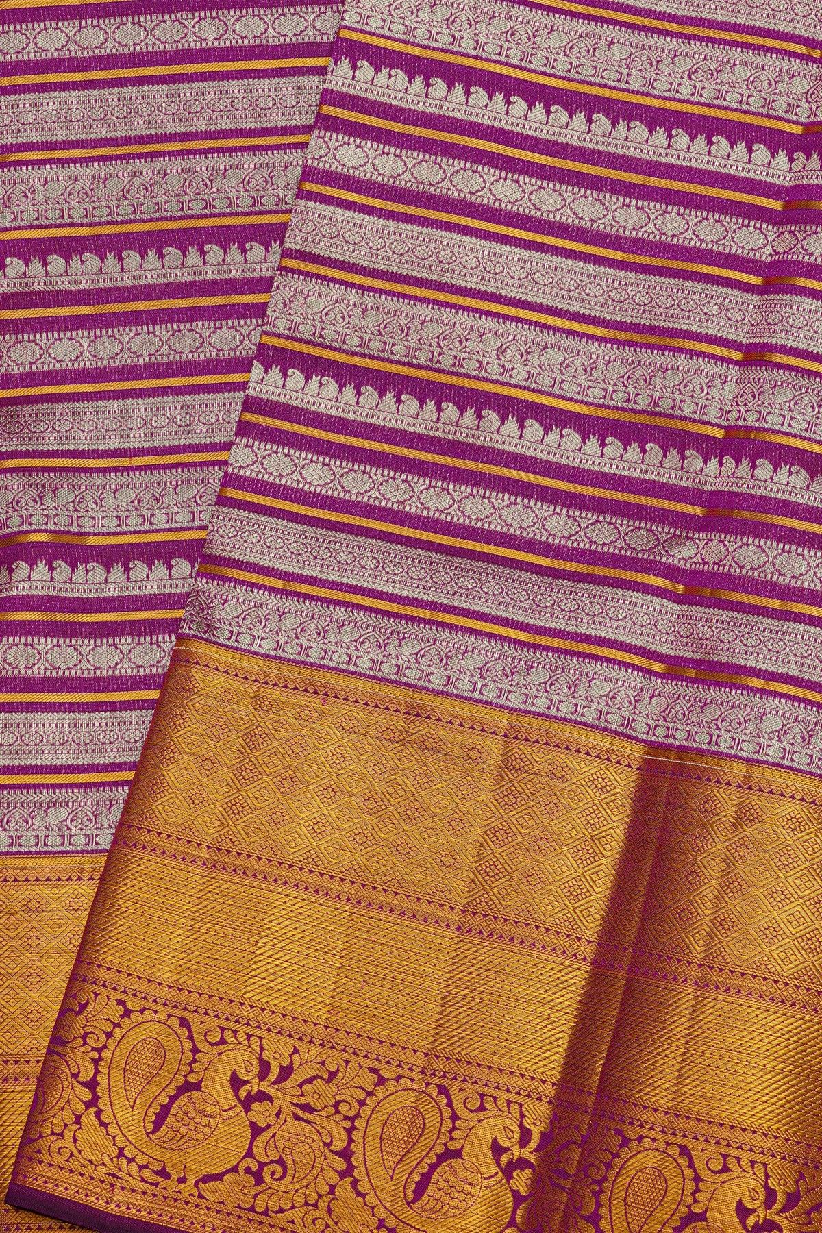 Kancheepuram Silk Purple Saree Strips With Florals And Birds Body