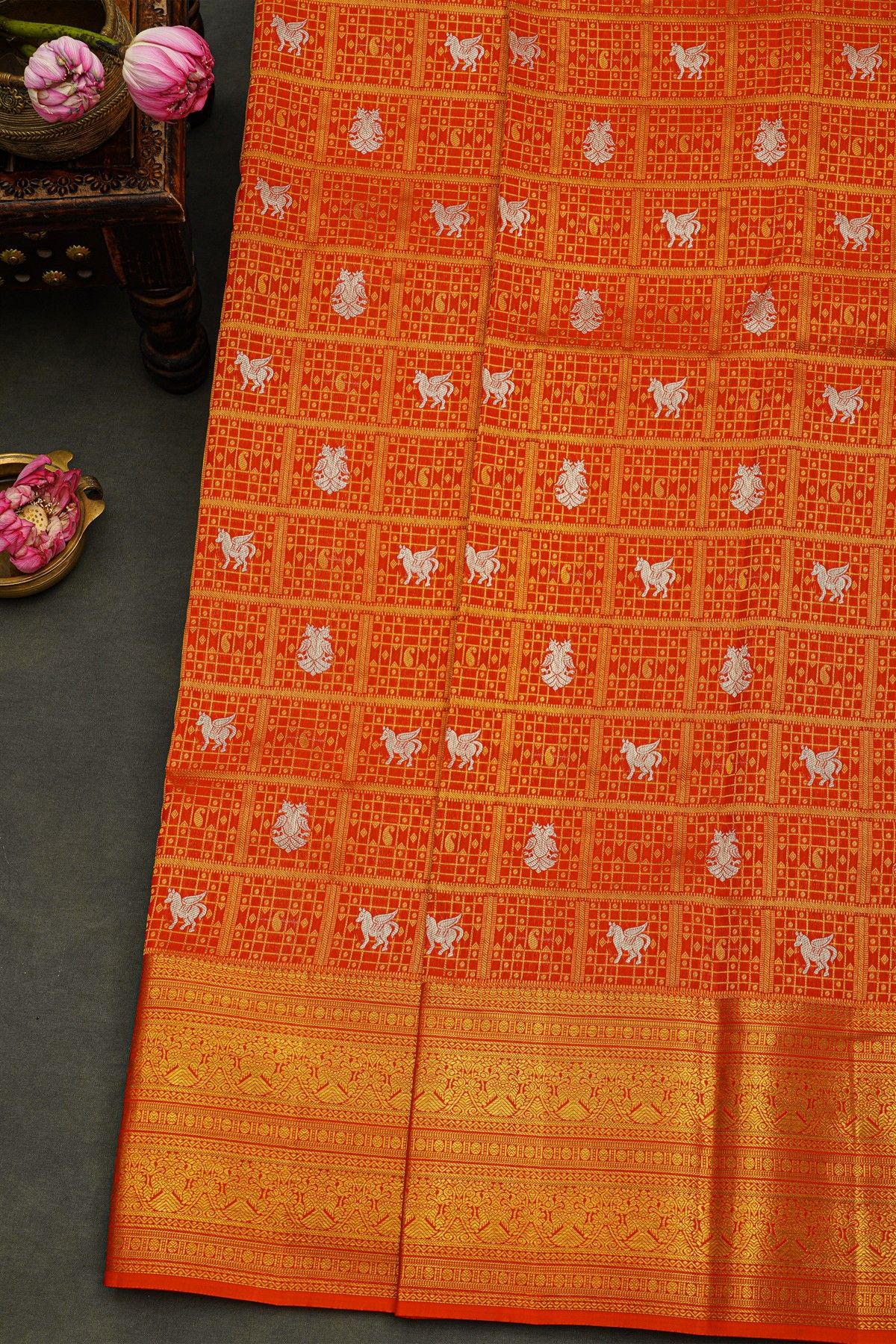 Kancheepuram Silk Orange Saree With Birds And Animals In Checks Body